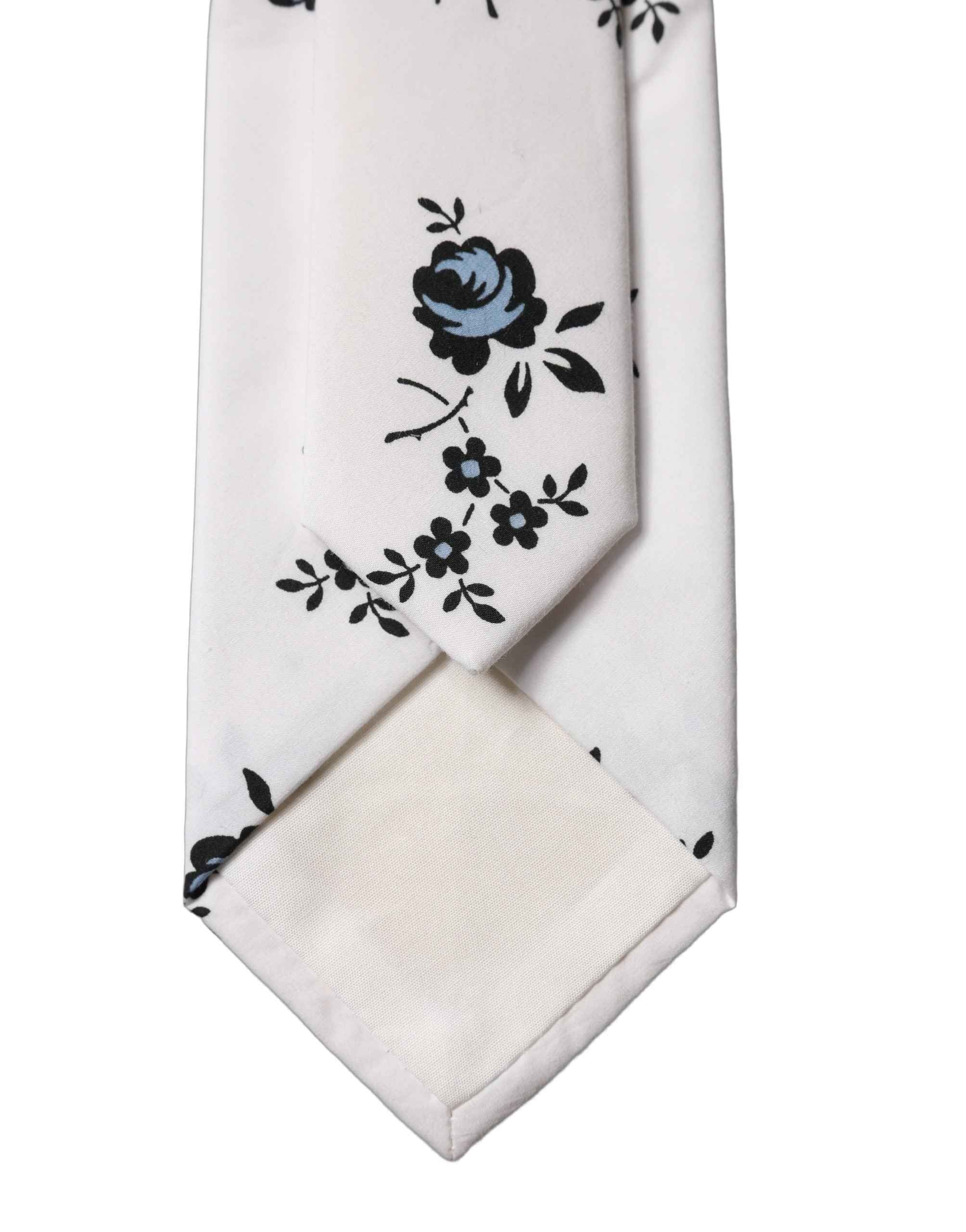 Dolce & Gabbana White Floral Fantasy Cotton Adjustable Men Necktie Tie