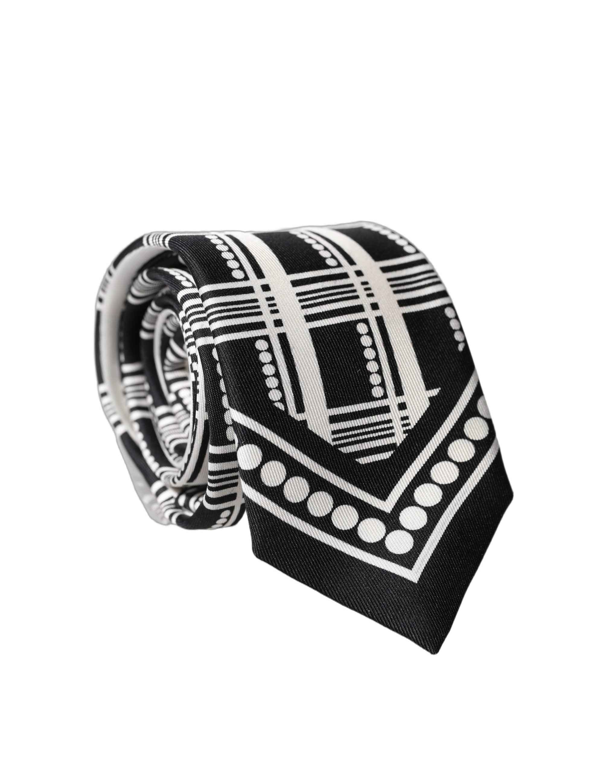 Dolce & Gabbana Black White Abstract Silk Adjustable Men Tied Necktie Tie