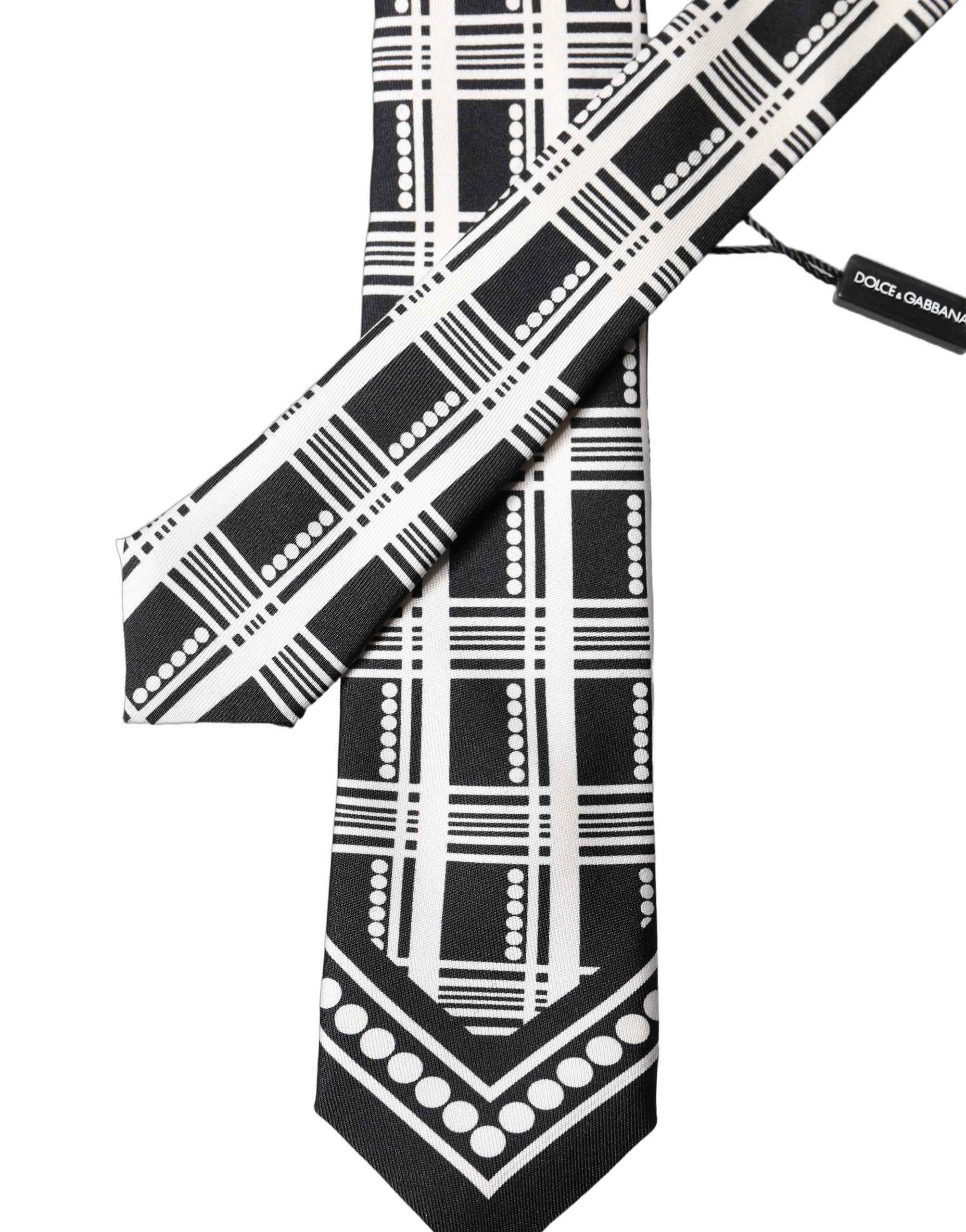 Dolce & Gabbana Black White Abstract Silk Adjustable Men Tied Necktie Tie