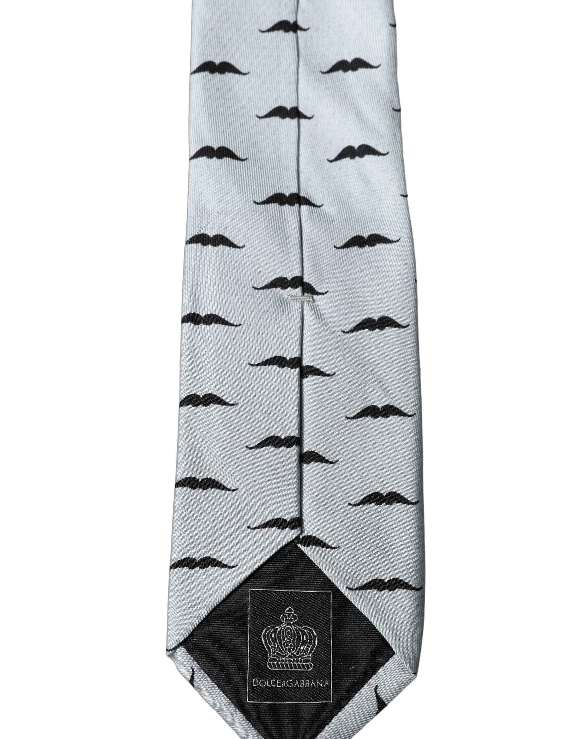 Dolce & Gabbana Light Gray Mustache Fantasy Silk Adjustable Necktie Tie