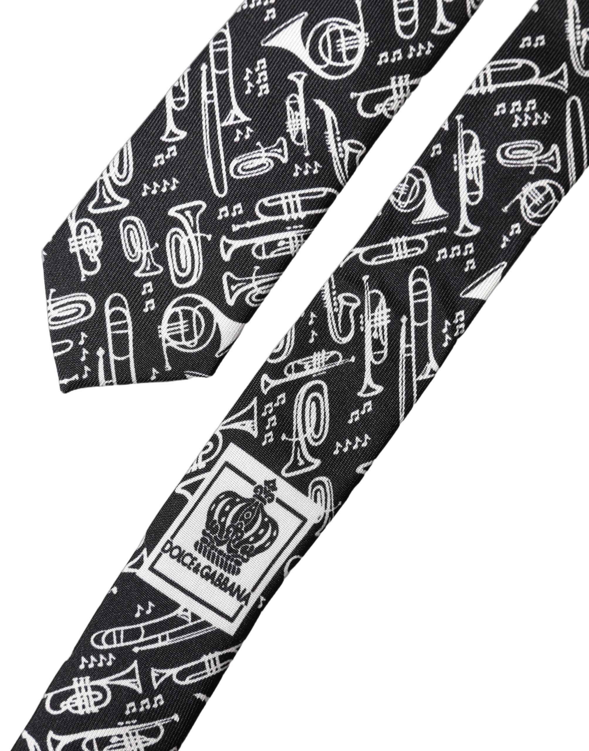 Dolce & Gabbana Black Trumpet Print Silk Adjustable Men Tied Necktie Tie