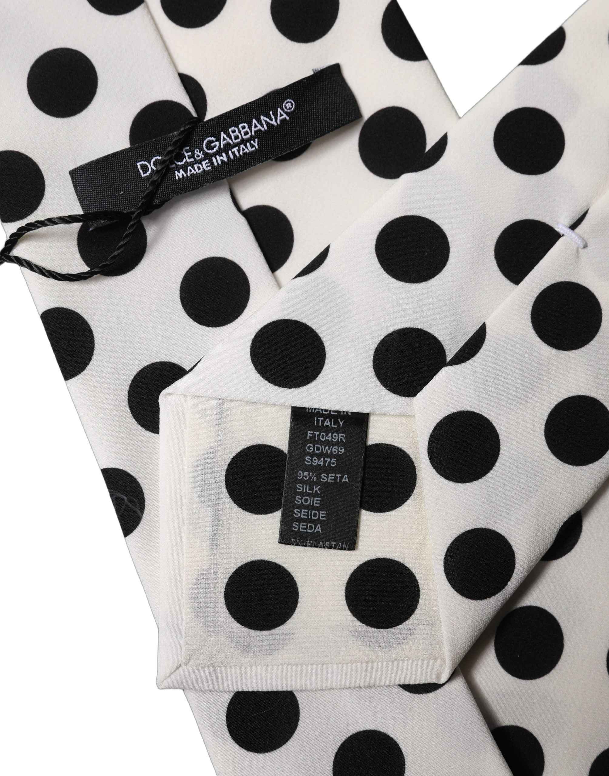 Dolce & Gabbana White Black Polka Dot Silk Adjustable Women Necktie Tie