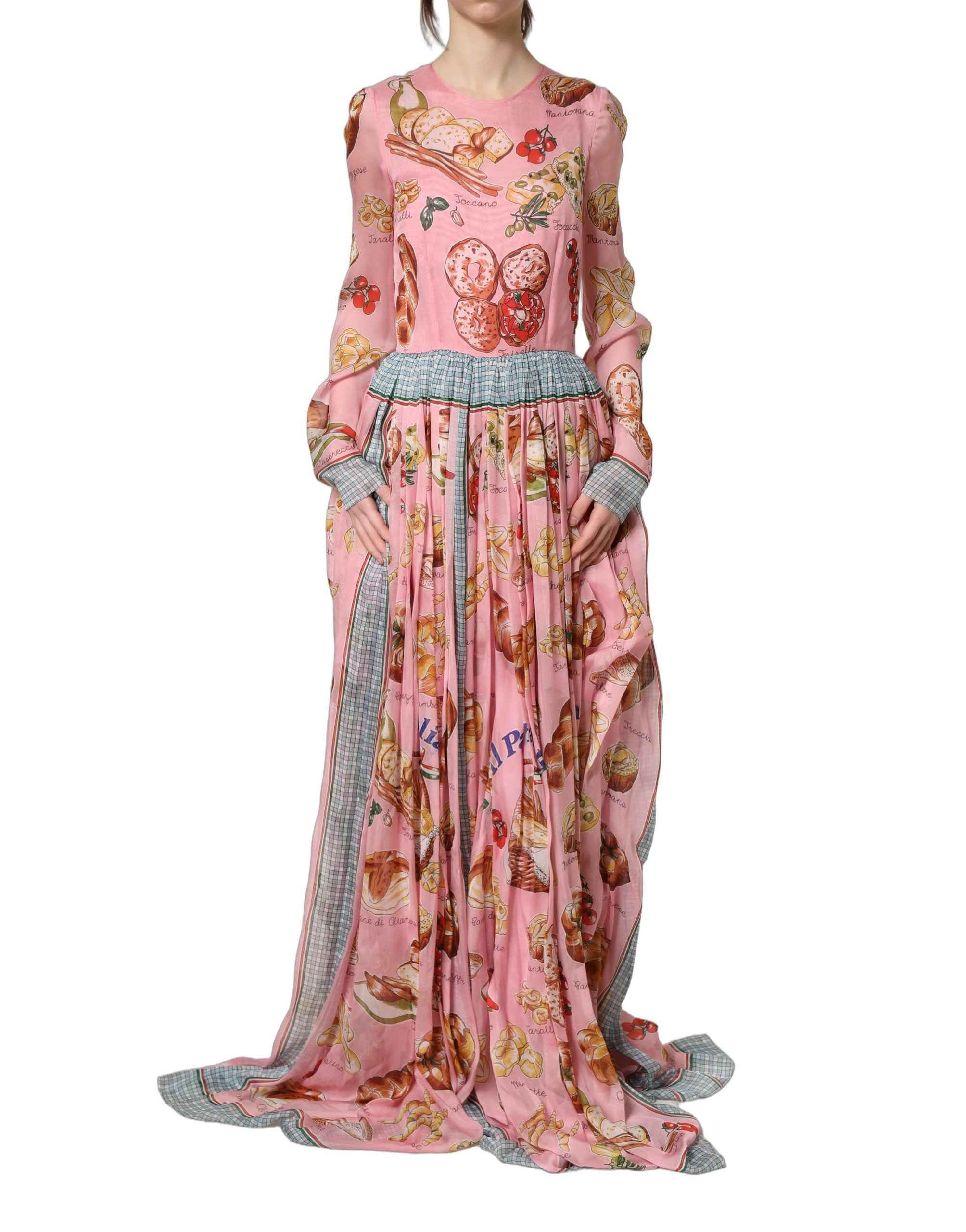 Dolce & Gabbana Light Pink Bread Print Pleated Maxi Dress