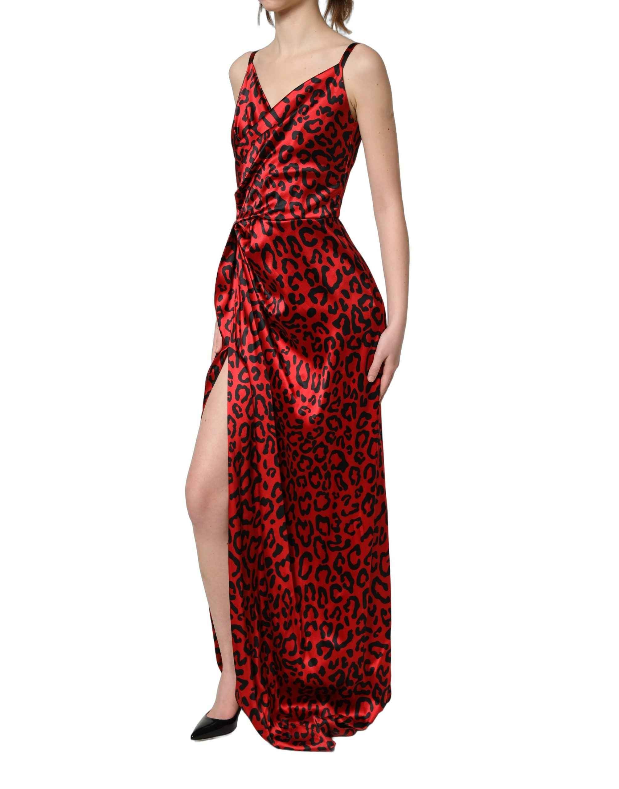 Dolce & Gabbana Red Leopard Draped Sleeveless Maxi Dress