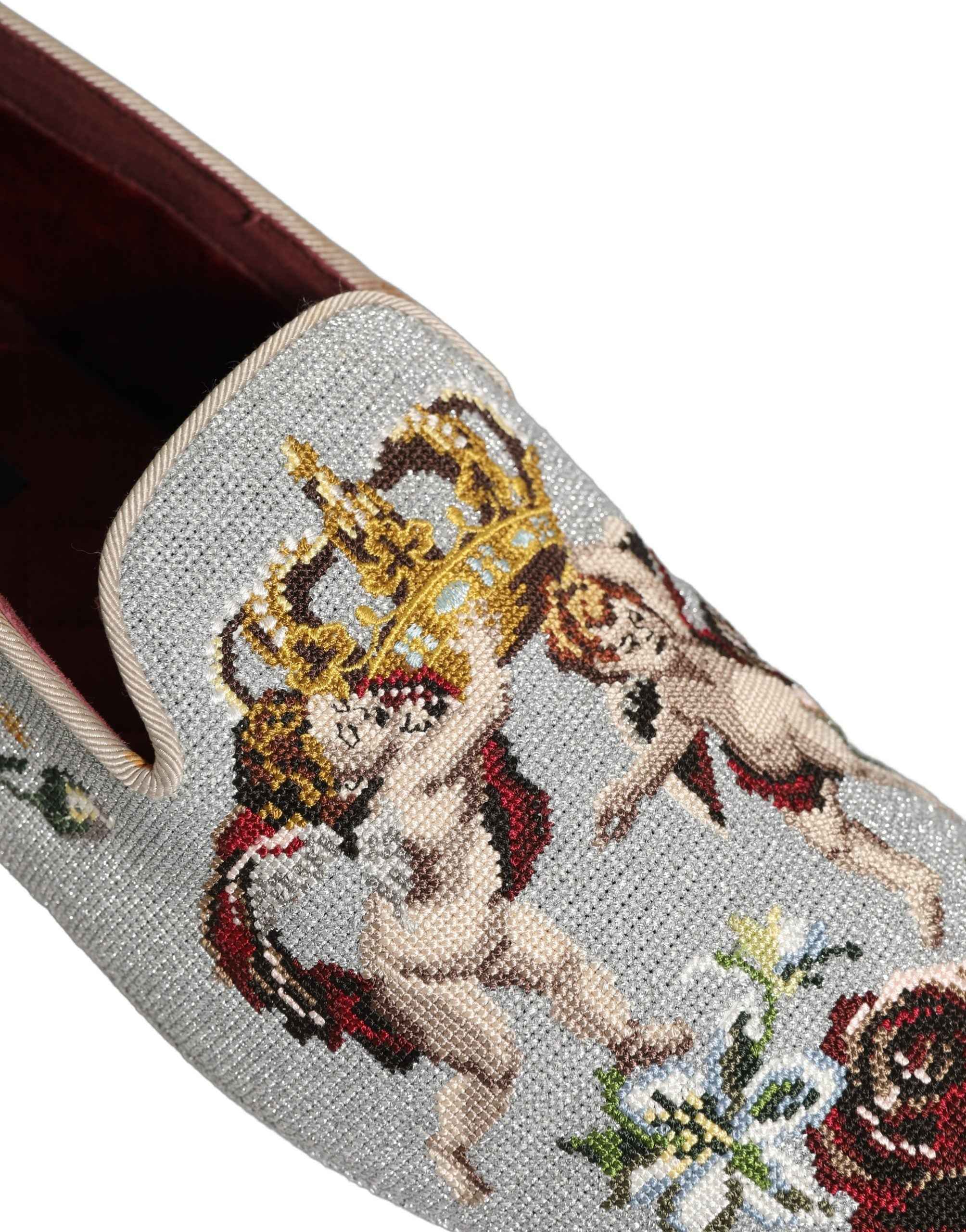 Dolce & Gabbana Gray Crown Rose Angel Embroidery Loafer Shoes