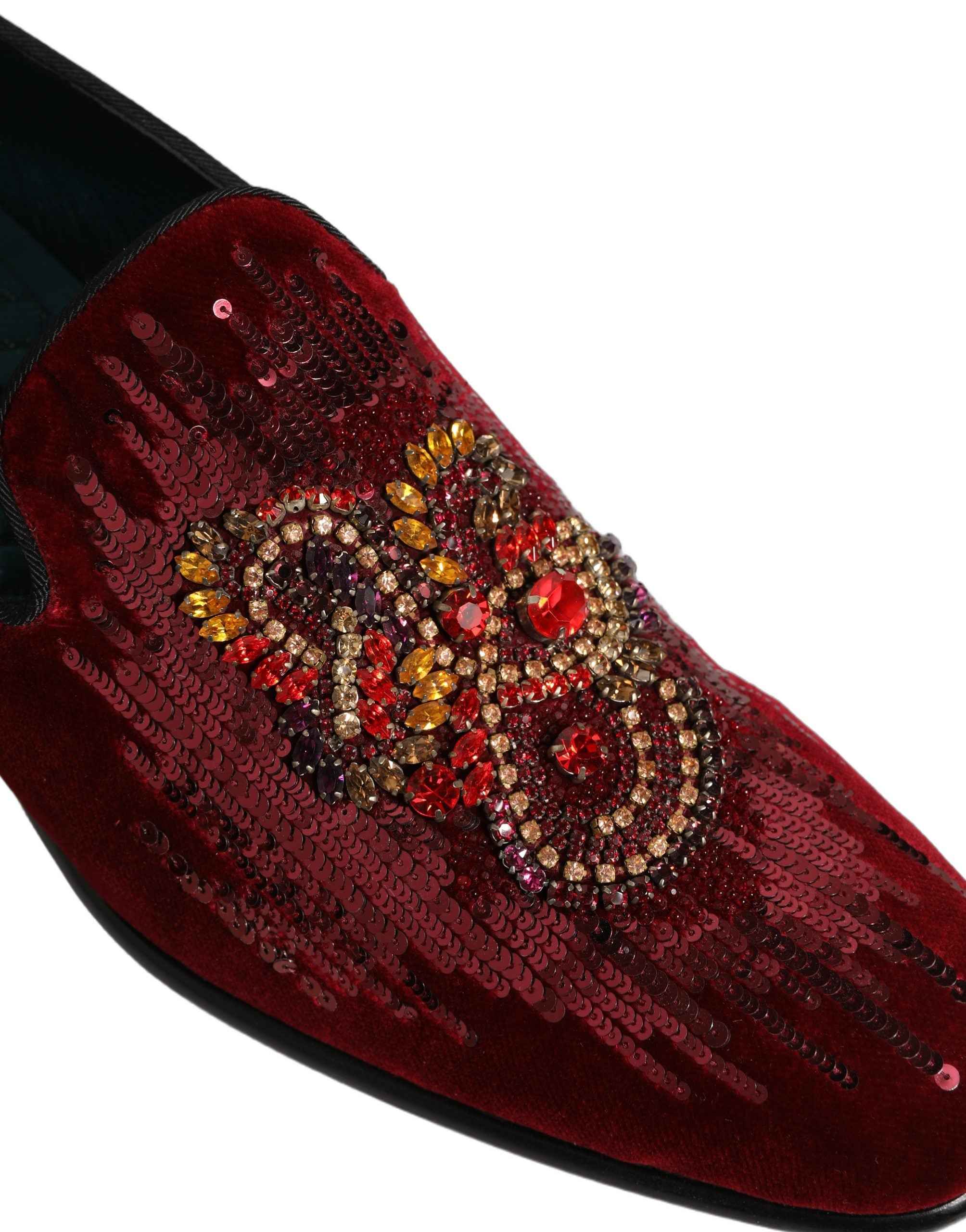 Dolce & Gabbana Maroon Sequin Gemstone Dress Loafers Shoes