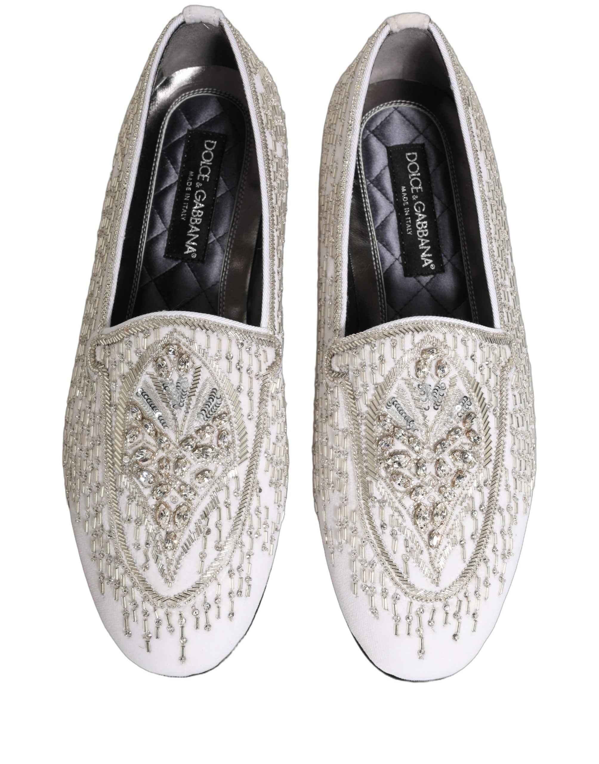 Dolce & Gabbana White Satin Embellished Dress Loafers Shoes