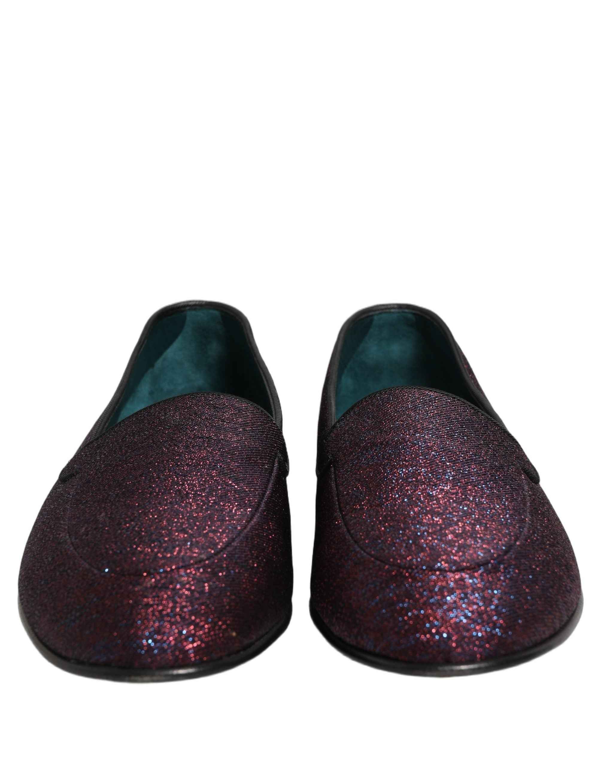 Dolce & Gabbana Maroon Glitter Lurex Logo Dress Loafers Shoes