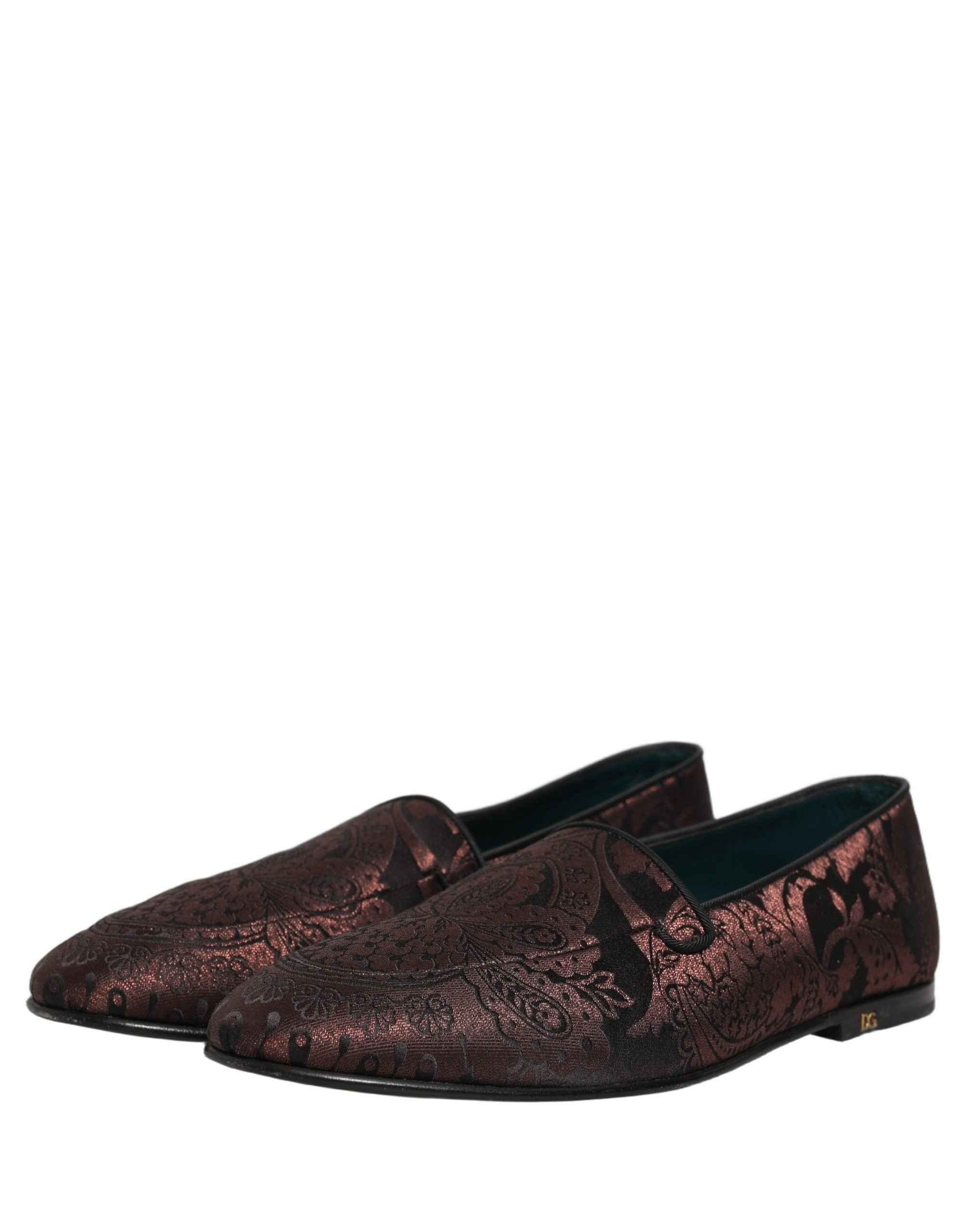 Dolce & Gabbana Maroon Jacquard Leather Slip On Loafers Shoes