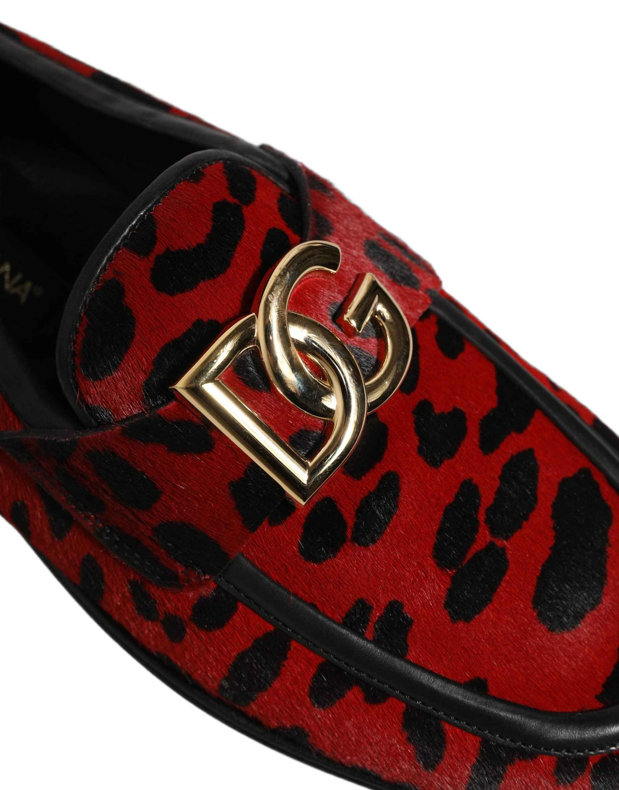 Dolce & Gabbana Red Leopard Print Pony Hair Dress Loafers Shoes