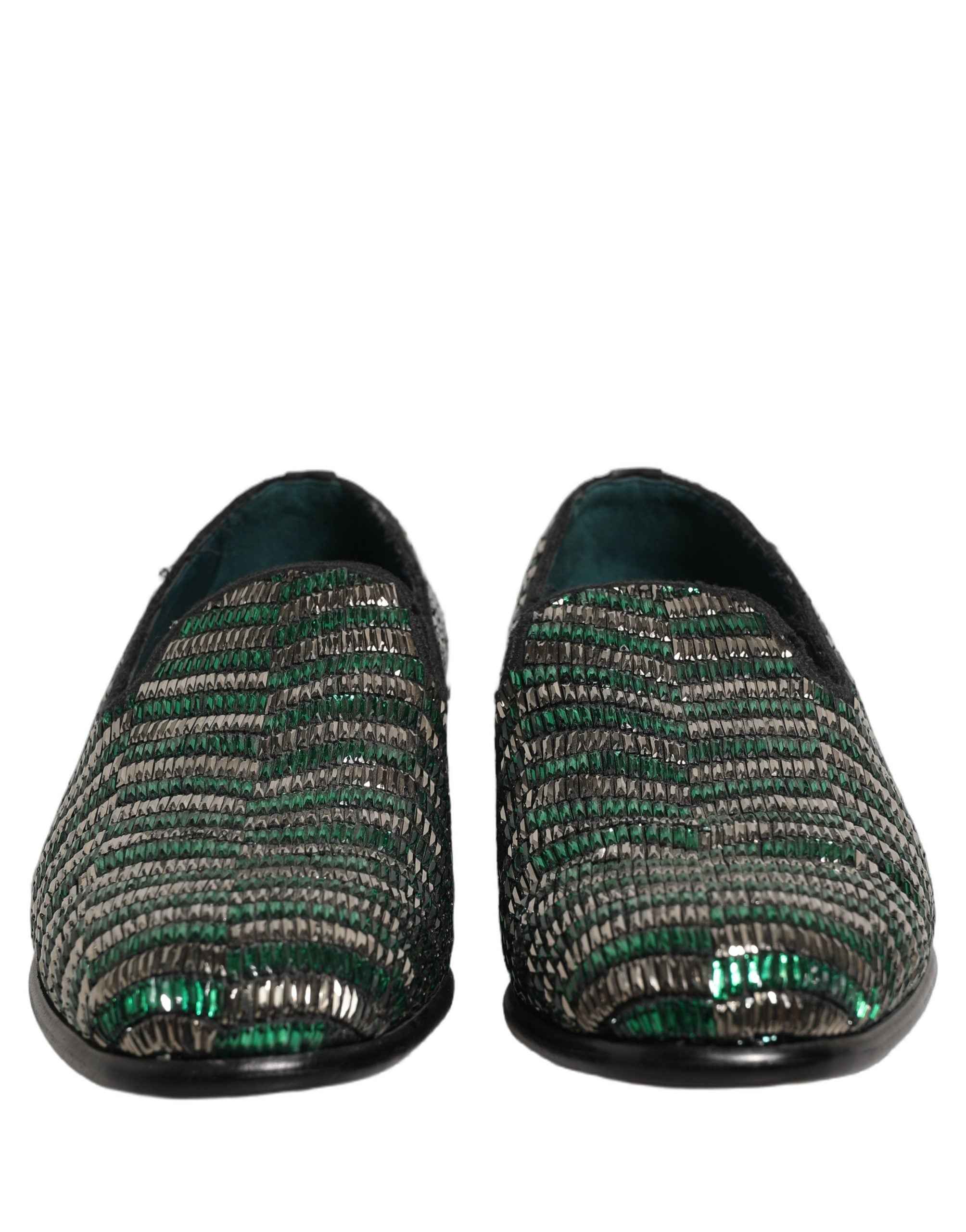 Dolce & Gabbana Silver Green Embellished Dress Loafers Shoes