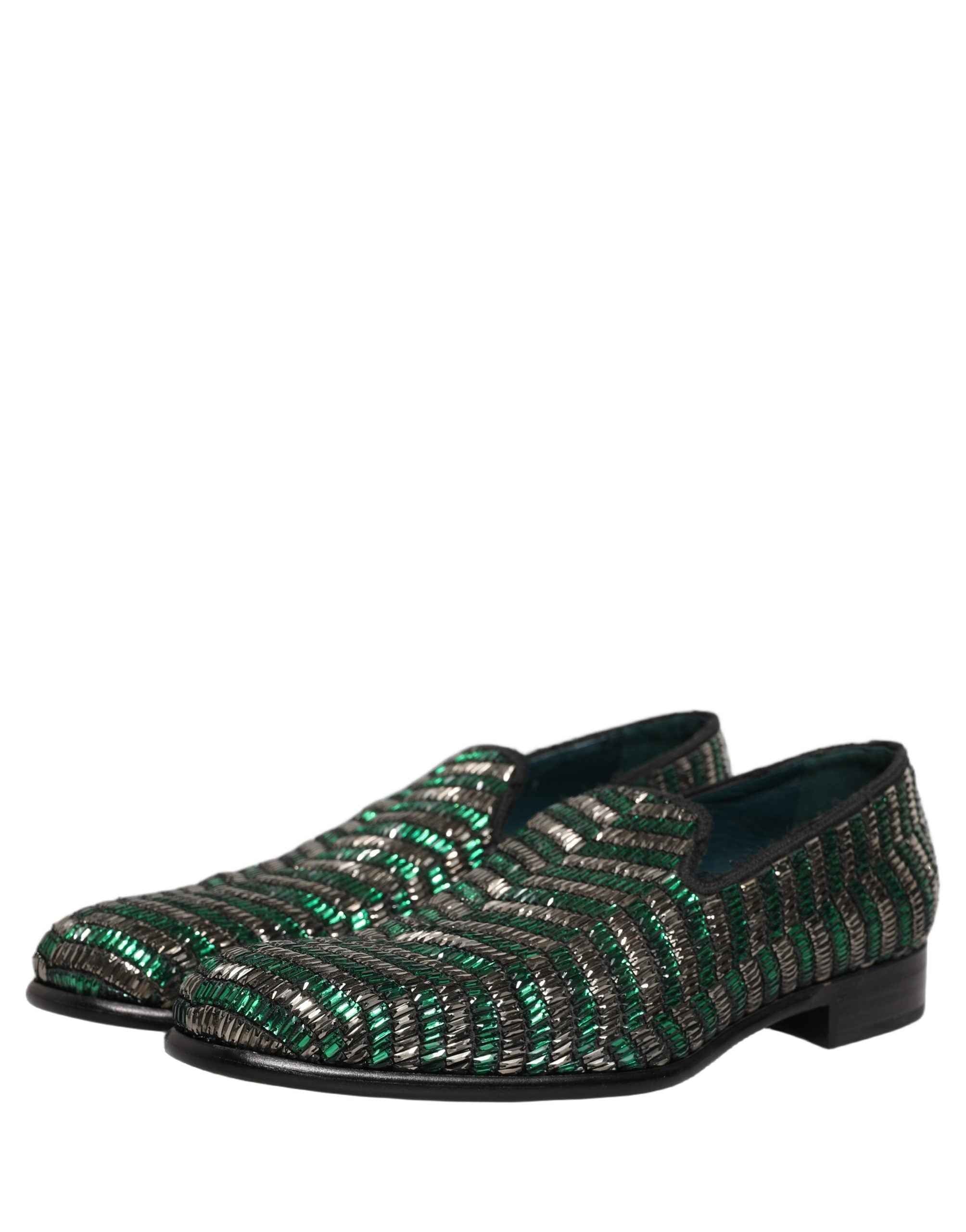 Dolce & Gabbana Silver Green Embellished Dress Loafers Shoes