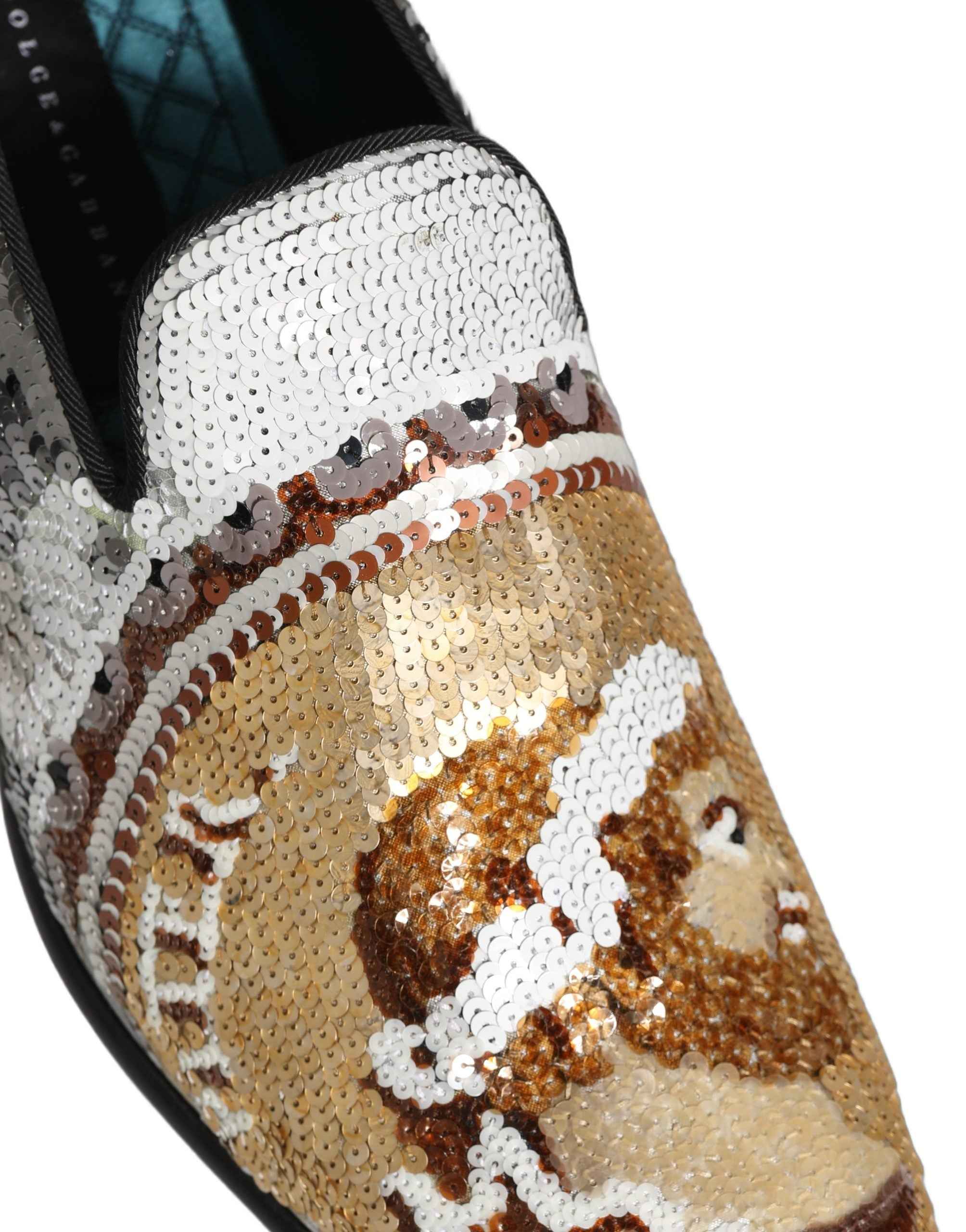 Dolce & Gabbana White Gold Sequined Slip On Loafers Shoes