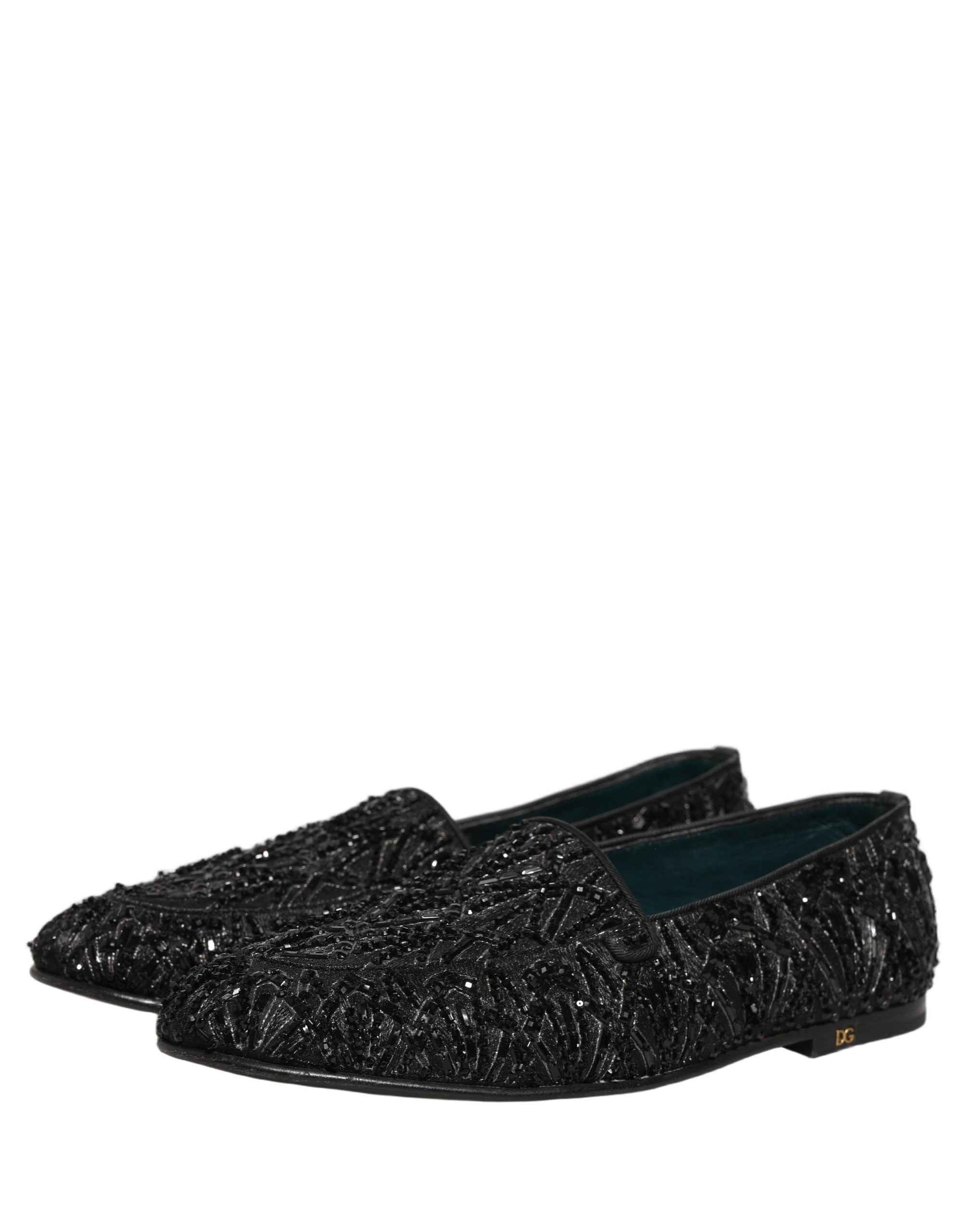 Dolce & Gabbana Black Velvet Embroidered Dress Loafers Shoes