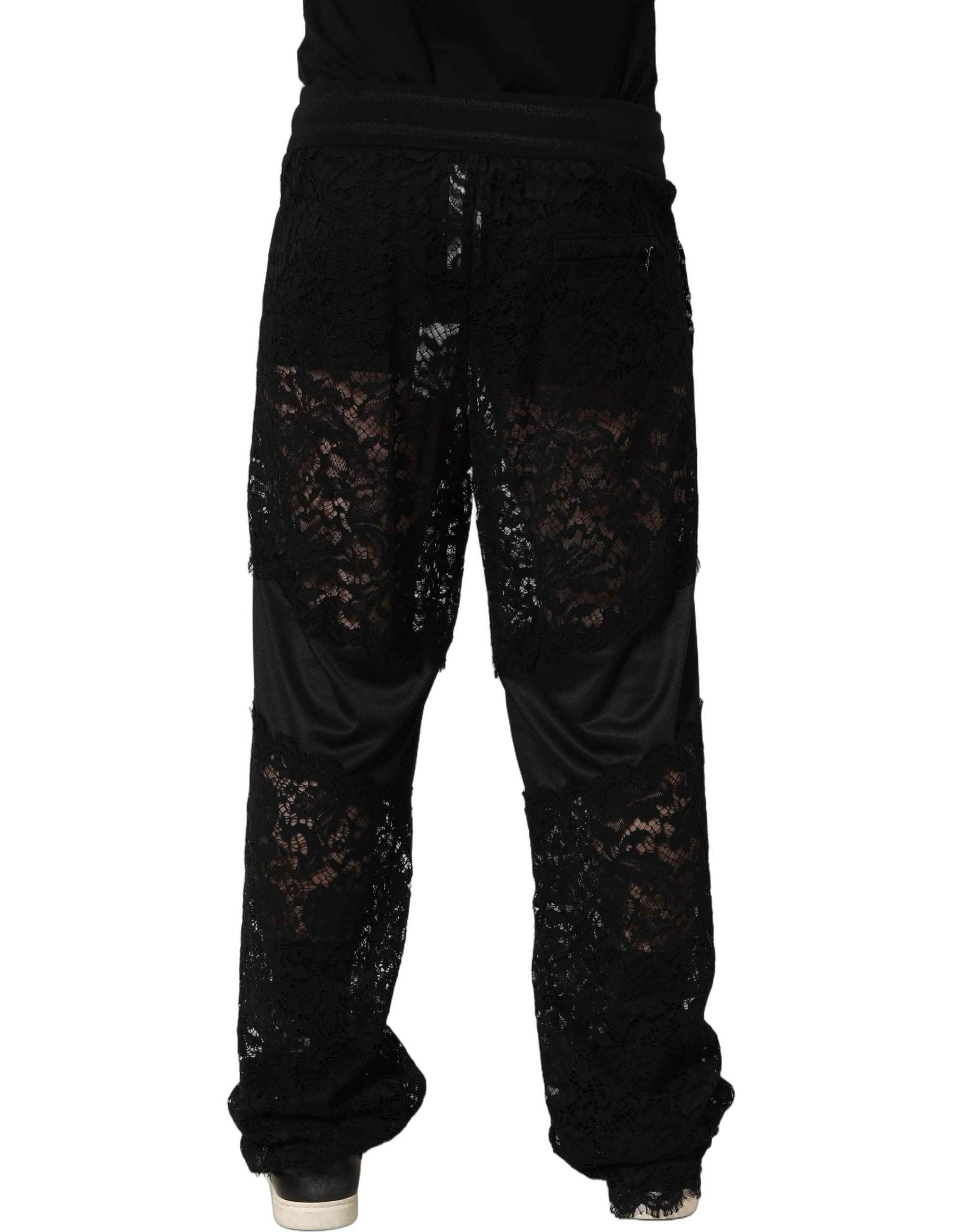 Dolce & Gabbana Black Lace Mid Waist Jogger Men Trouser Pants