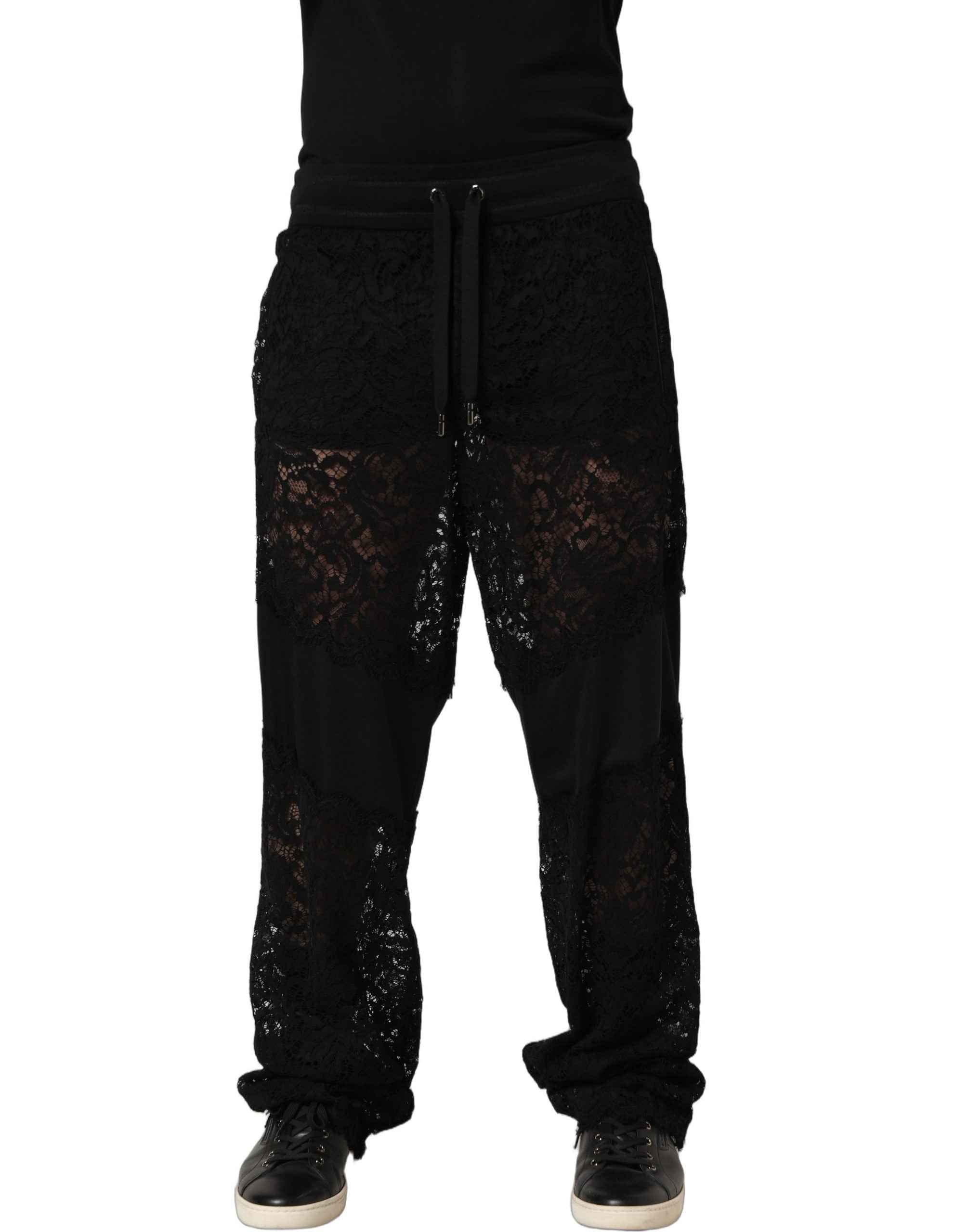 Dolce & Gabbana Black Lace Mid Waist Jogger Men Trouser Pants