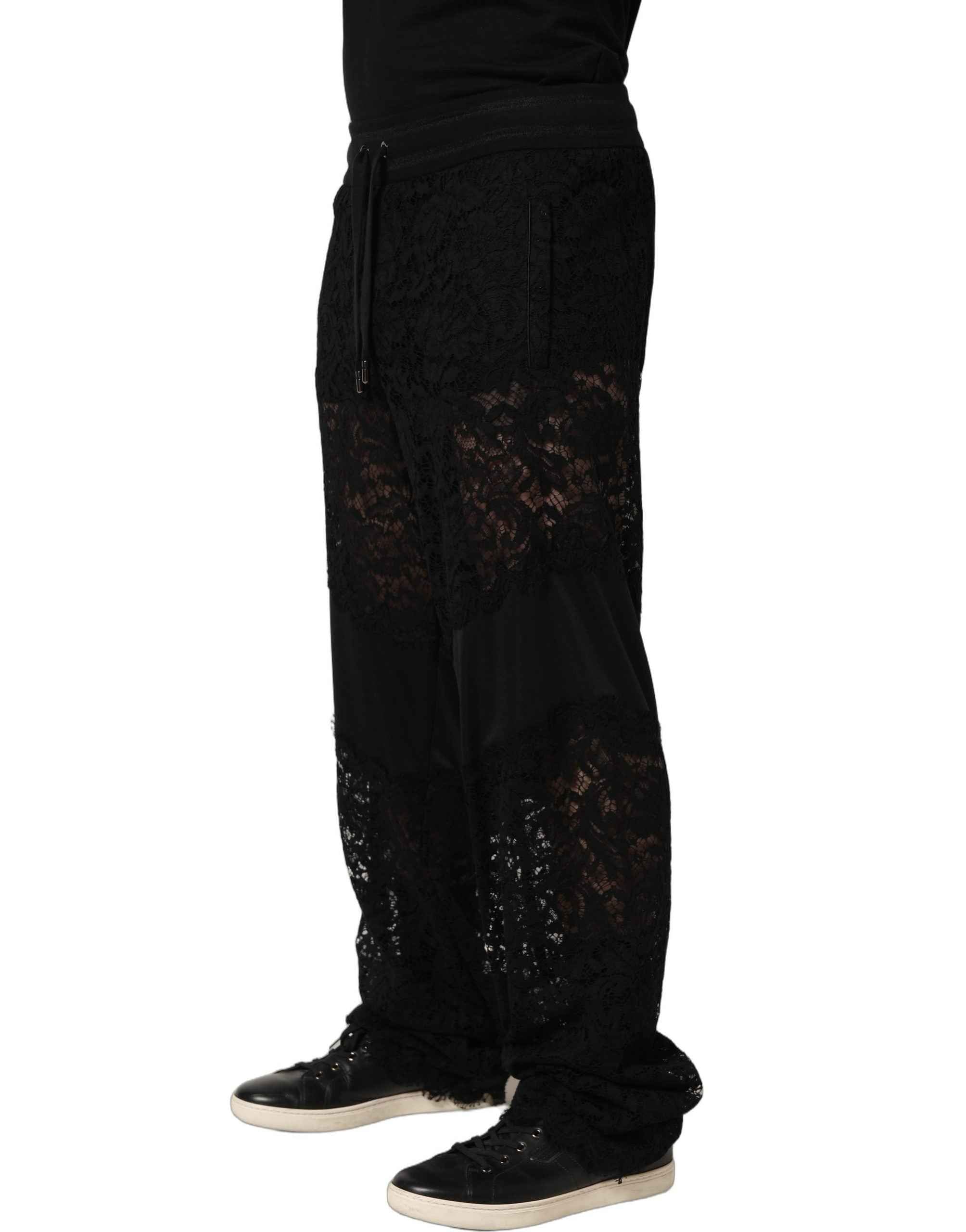 Dolce & Gabbana Black Lace Mid Waist Jogger Men Trouser Pants
