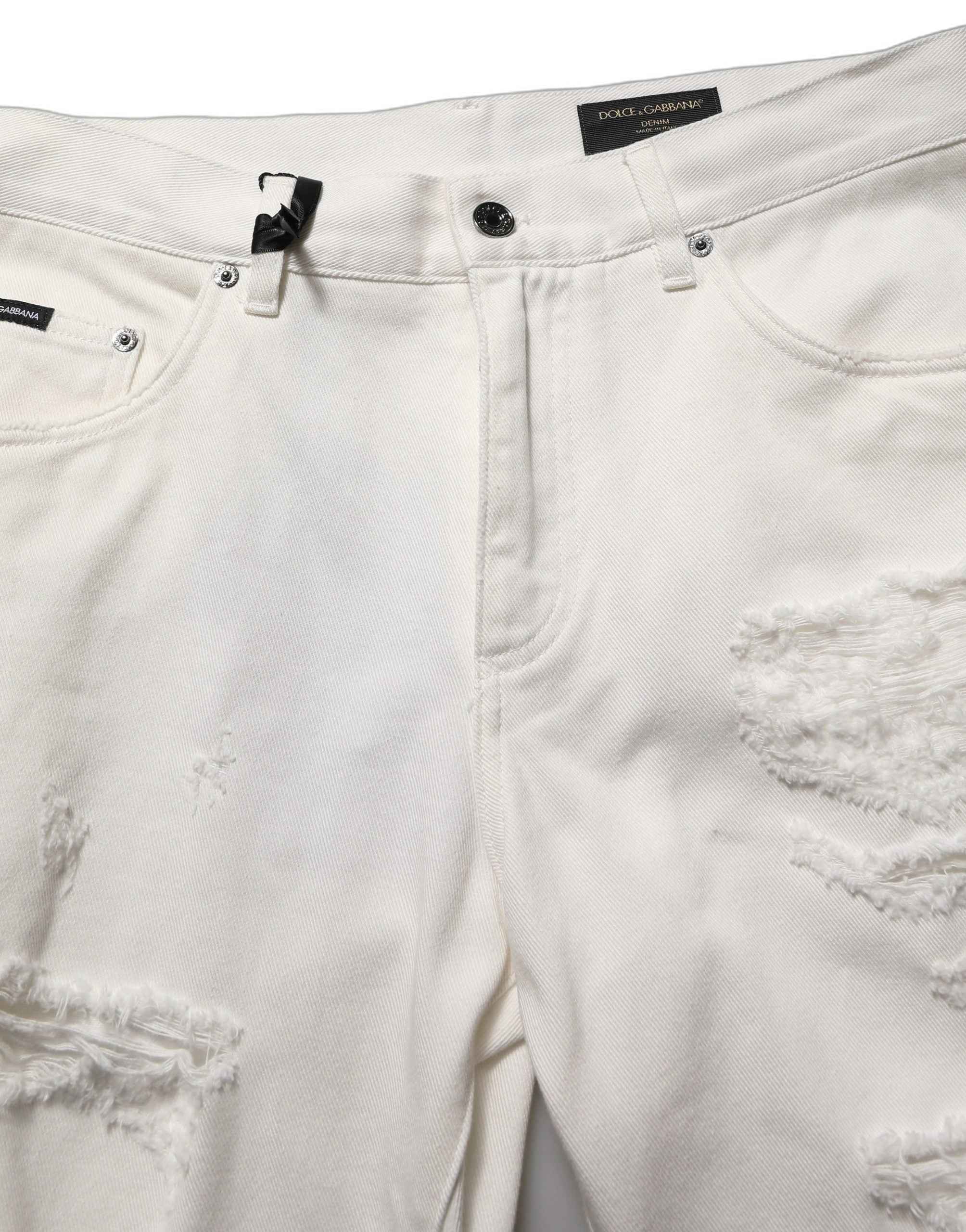 Dolce & Gabbana White Cotton Distressed Straight Denim Jeans