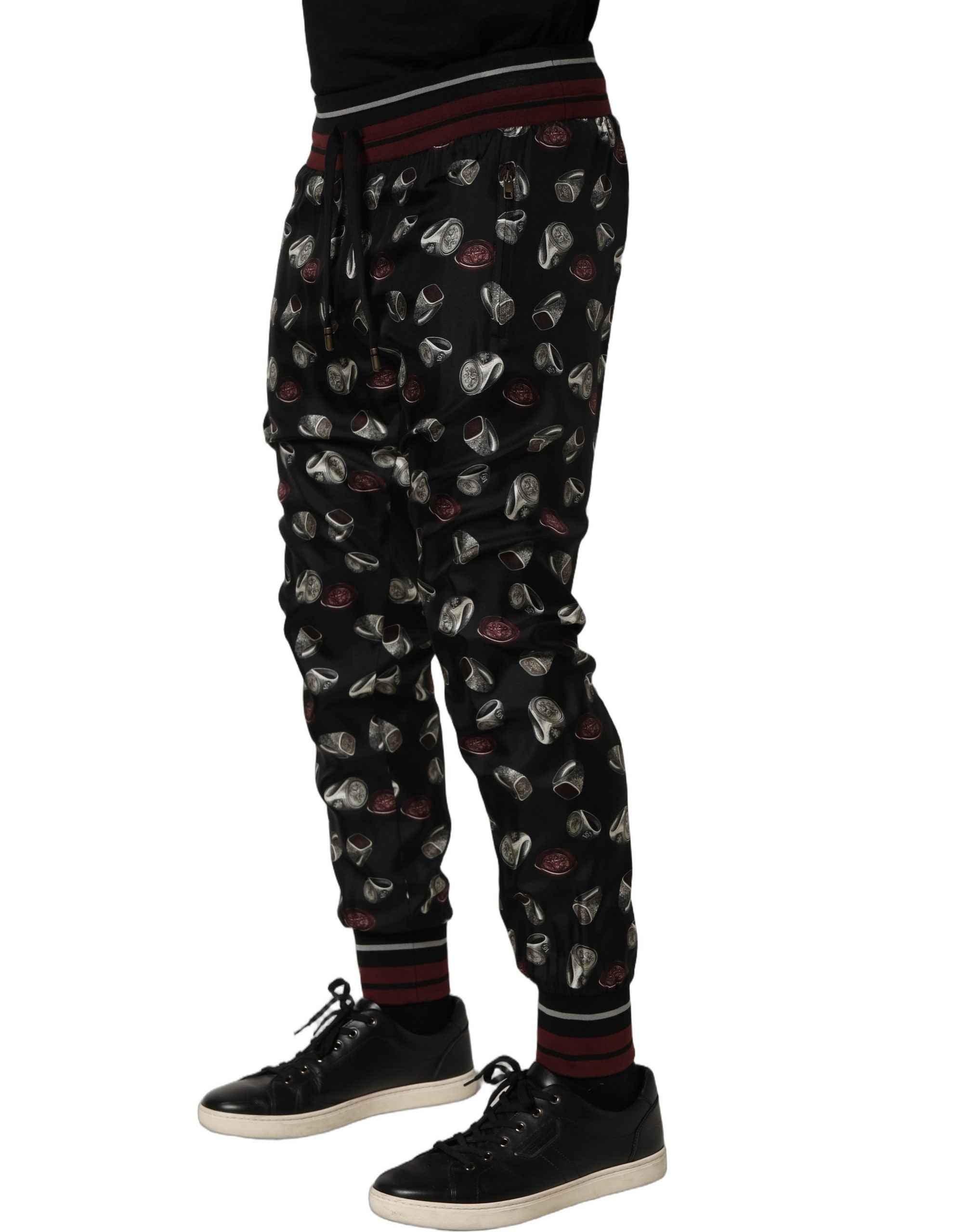 Dolce & Gabbana Pants Black Ring Print Silk Jogging Trousers