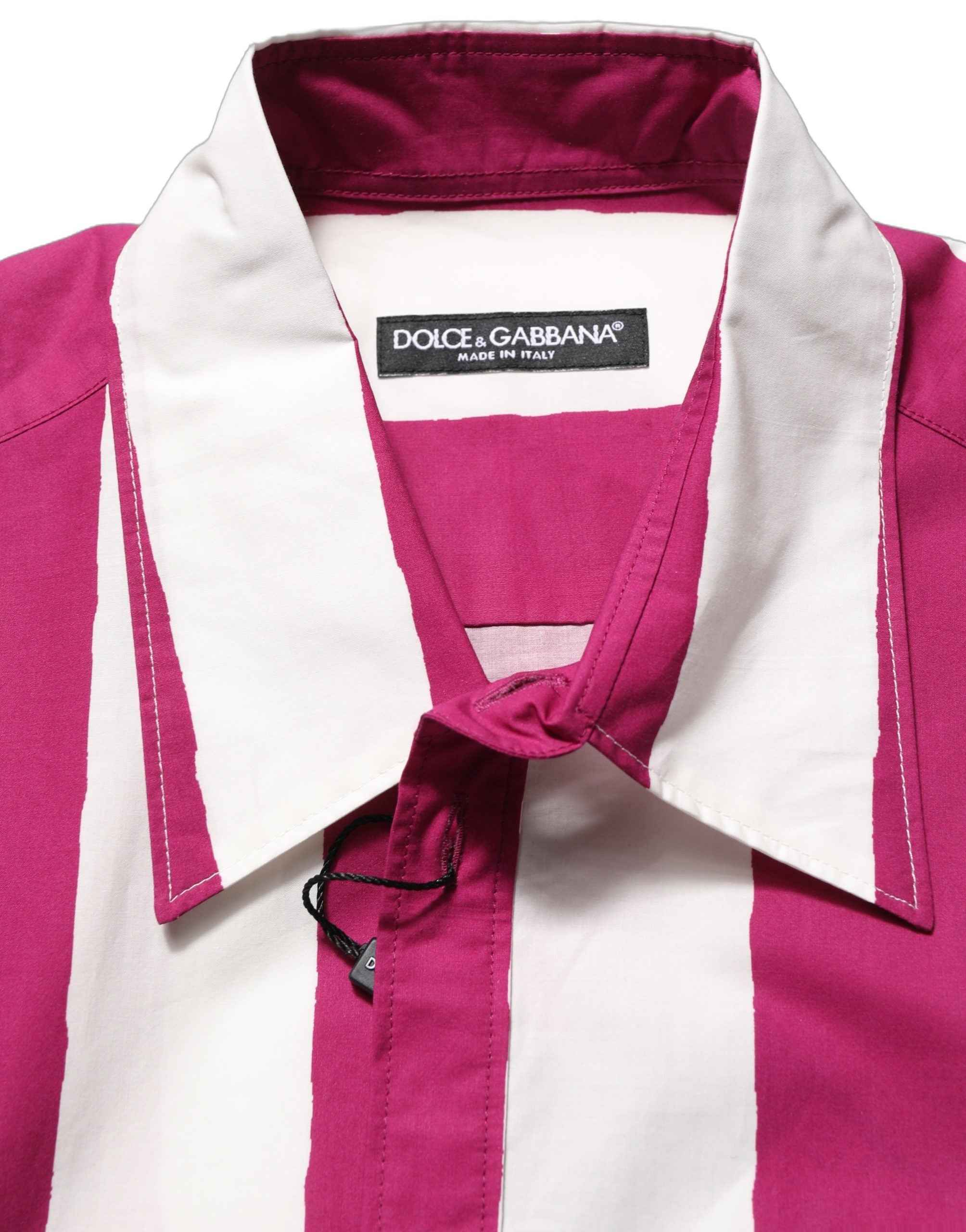 Dolce & Gabbana White Maroon Striped Men Short Sleeves Shirt