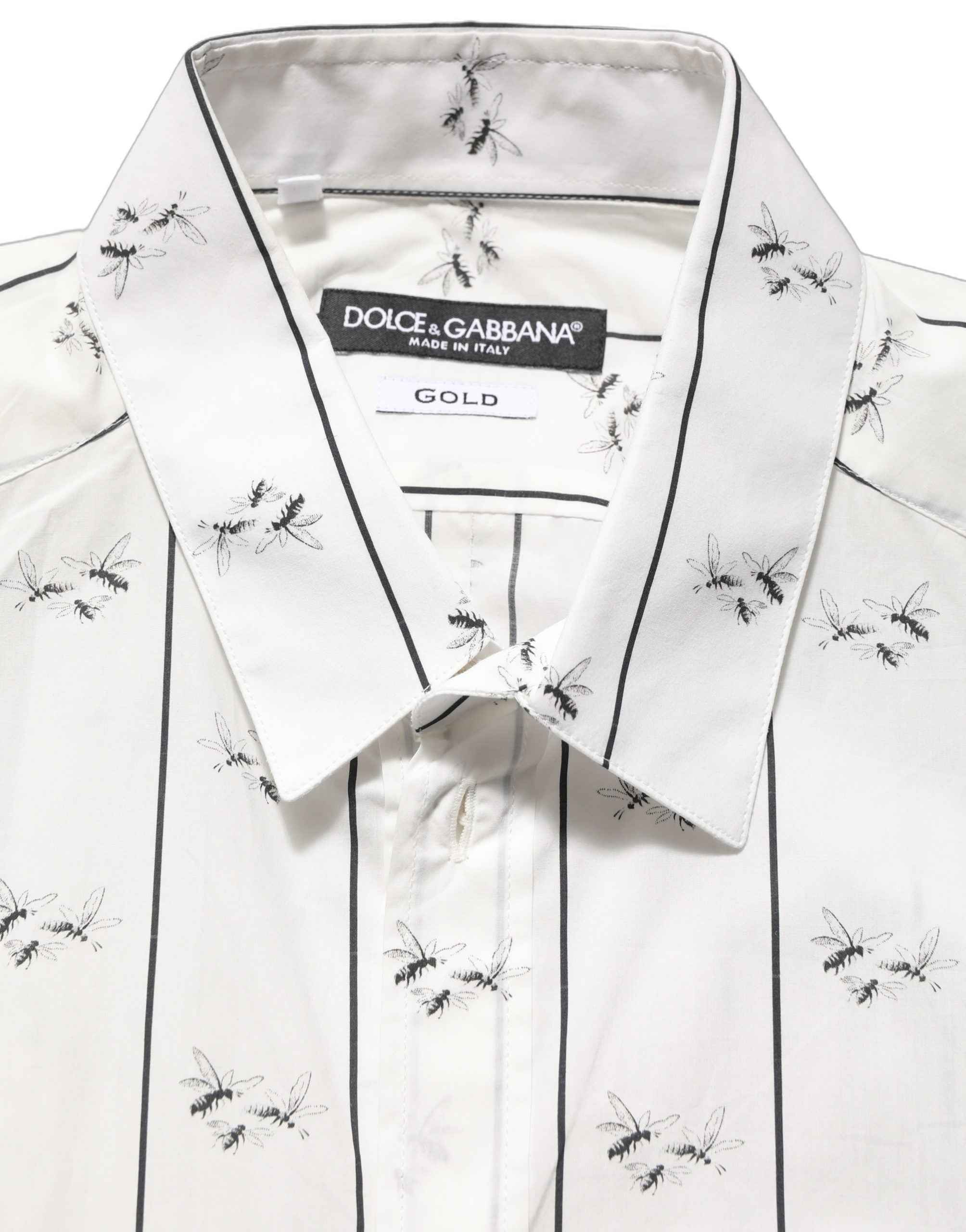 Dolce & Gabbana White Bee Print Cotton GOLD Fit Dress Shirt