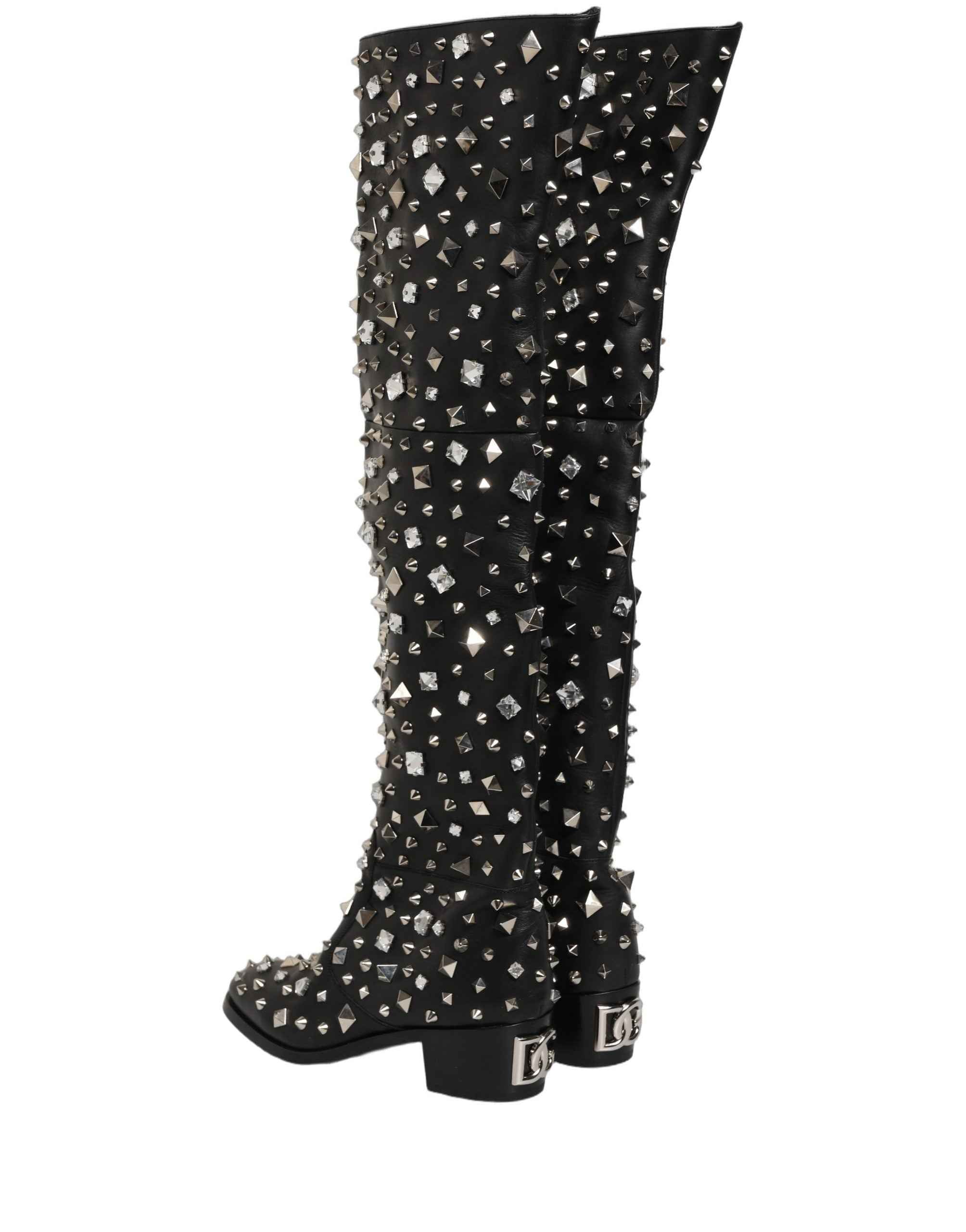 Dolce & Gabbana Black Crystal Embellished High Boots Shoes