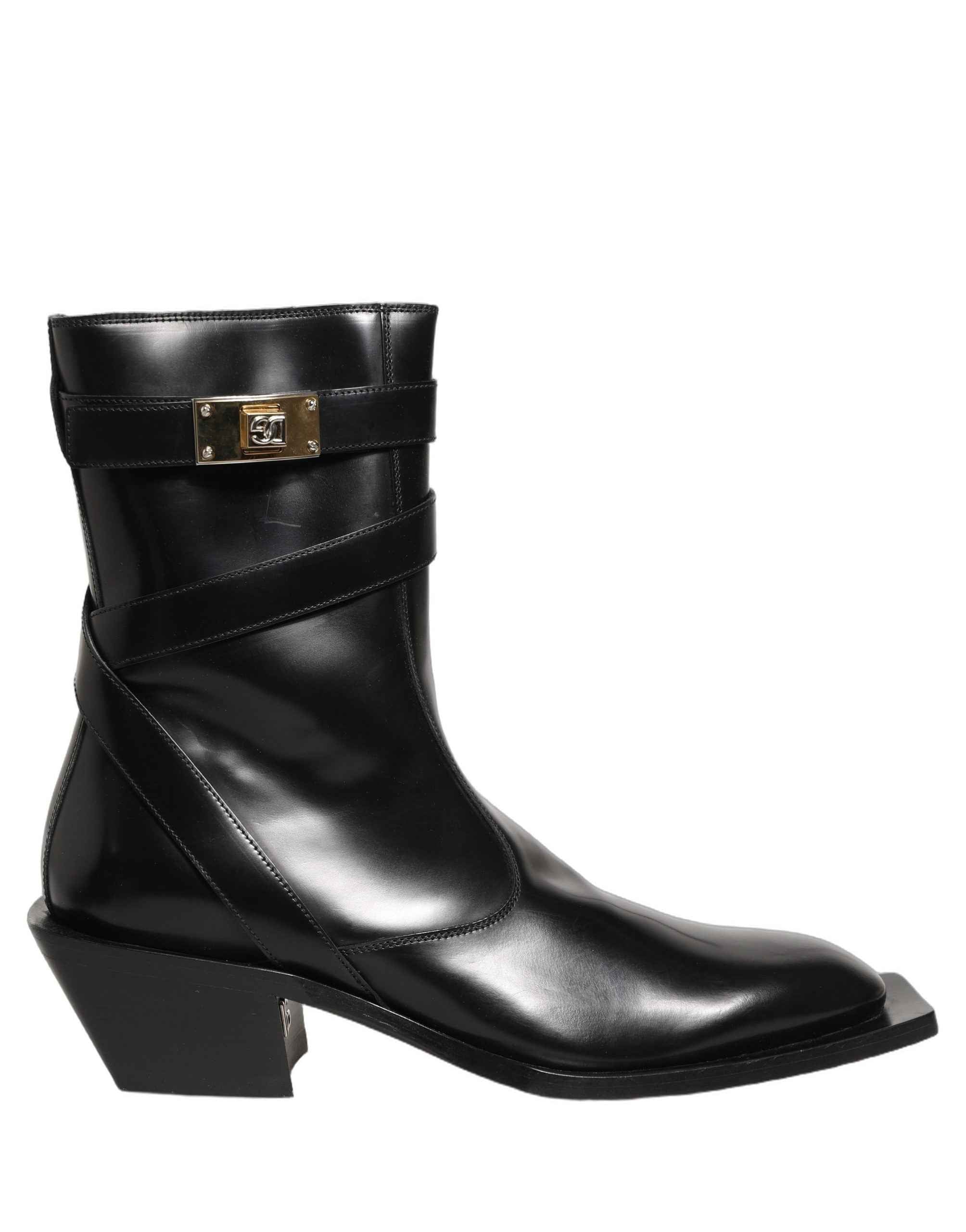 Dolce & Gabbana Black Leather DG Plaque Mid Calf Boots Shoes