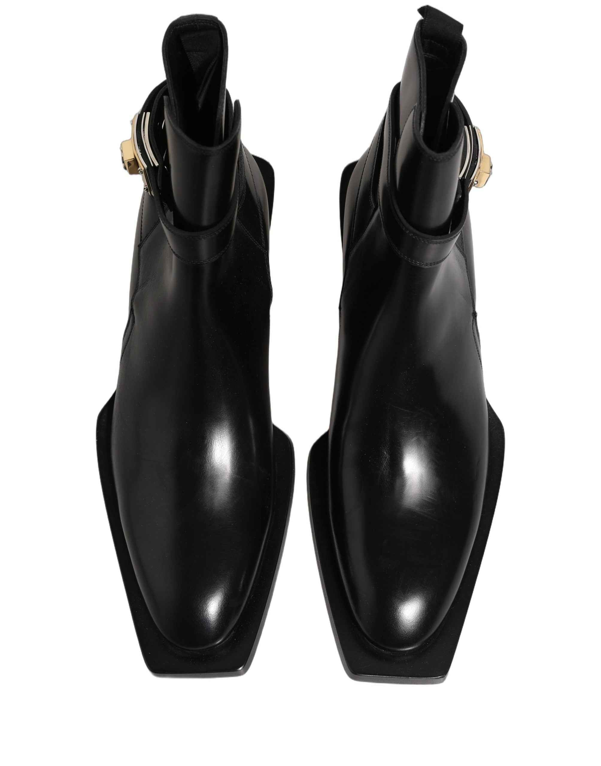 Dolce & Gabbana Black Leather DG Plaque Ankle Boots Shoes