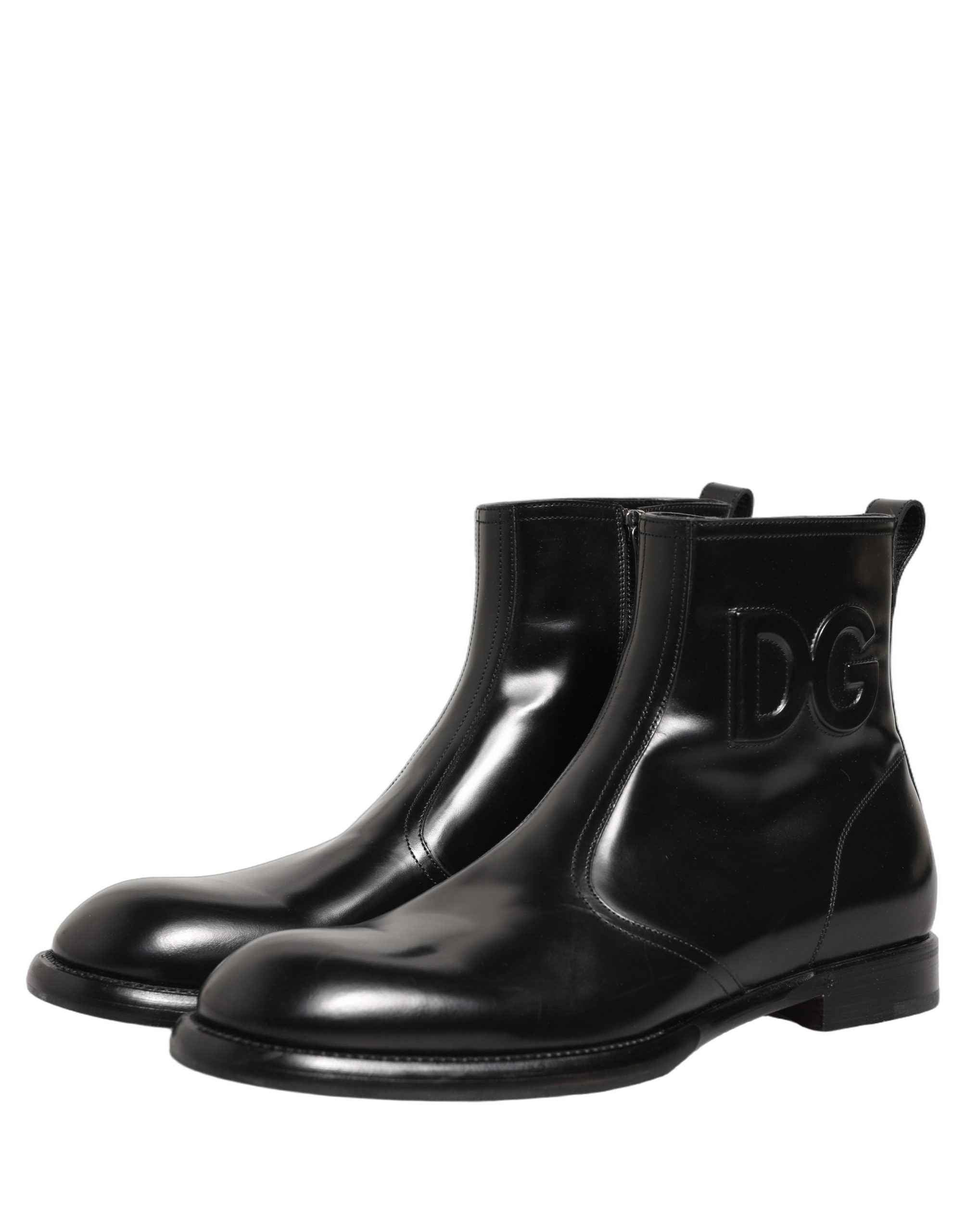 Dolce & Gabbana Black Leather Embossed Logo Ankle Boots Shoes