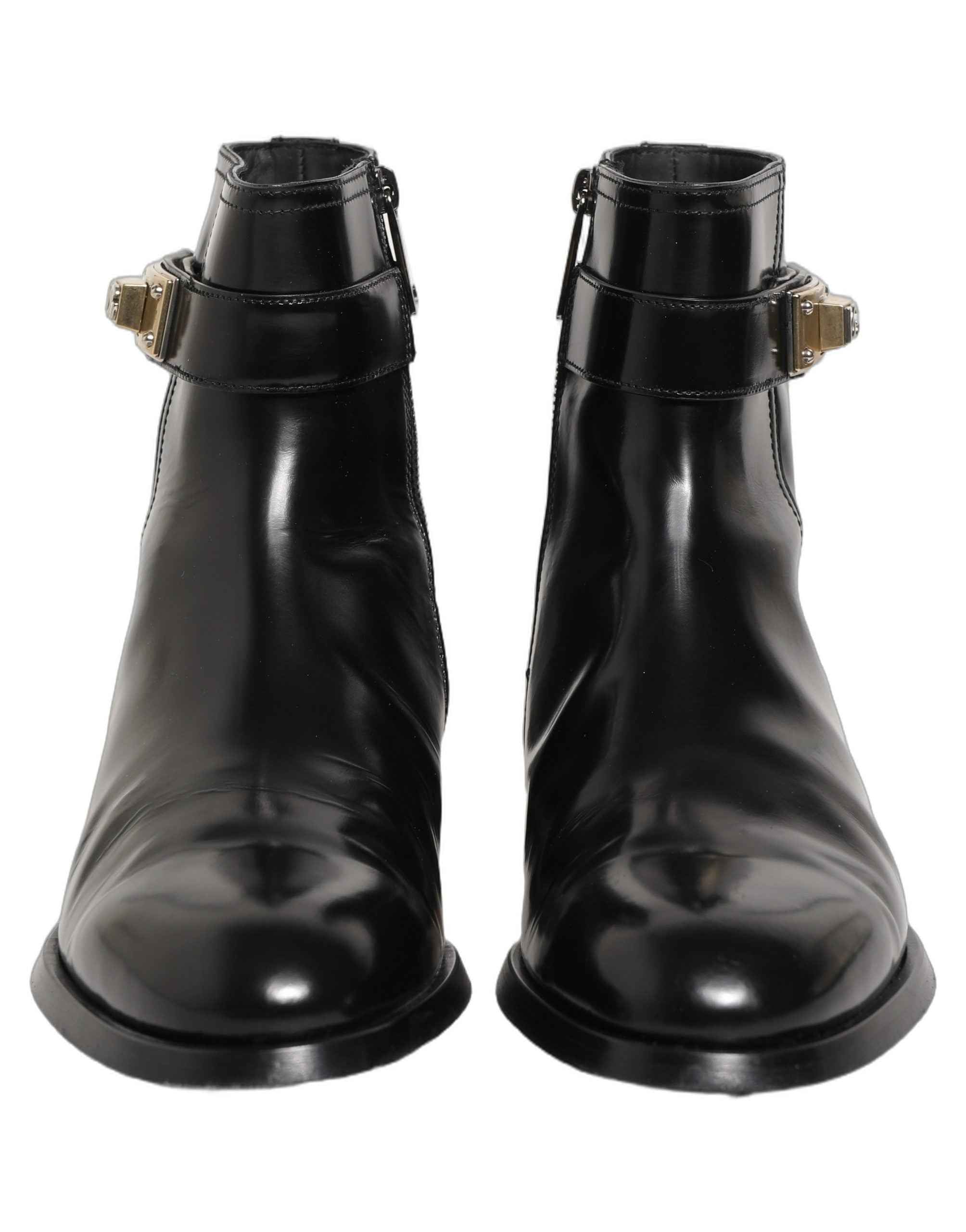 Dolce & Gabbana Black Leather Logo Buckle Mid Calf Boots Shoes