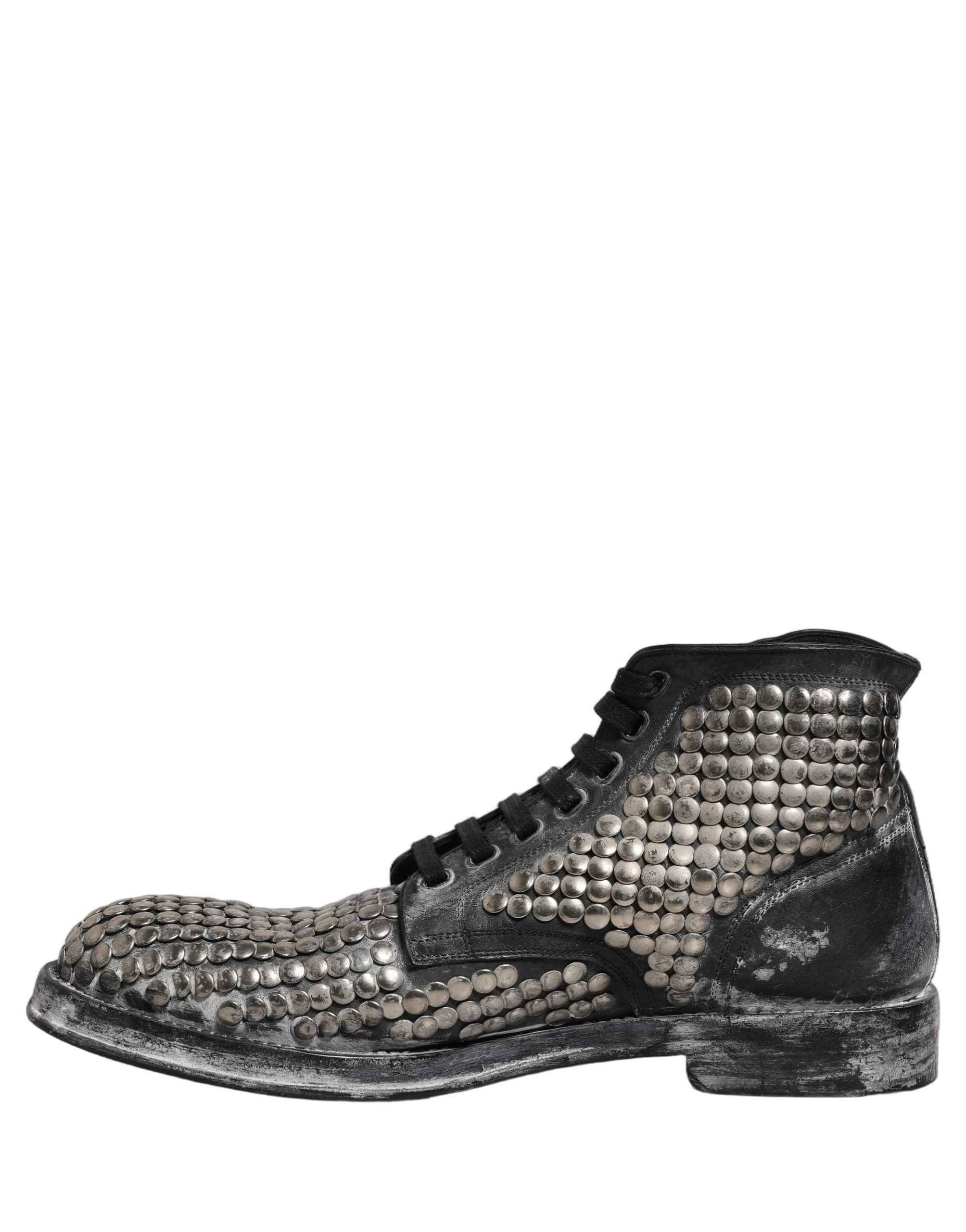 Dolce & Gabbana Black Leather Runway Studs Ankle Boots Shoes