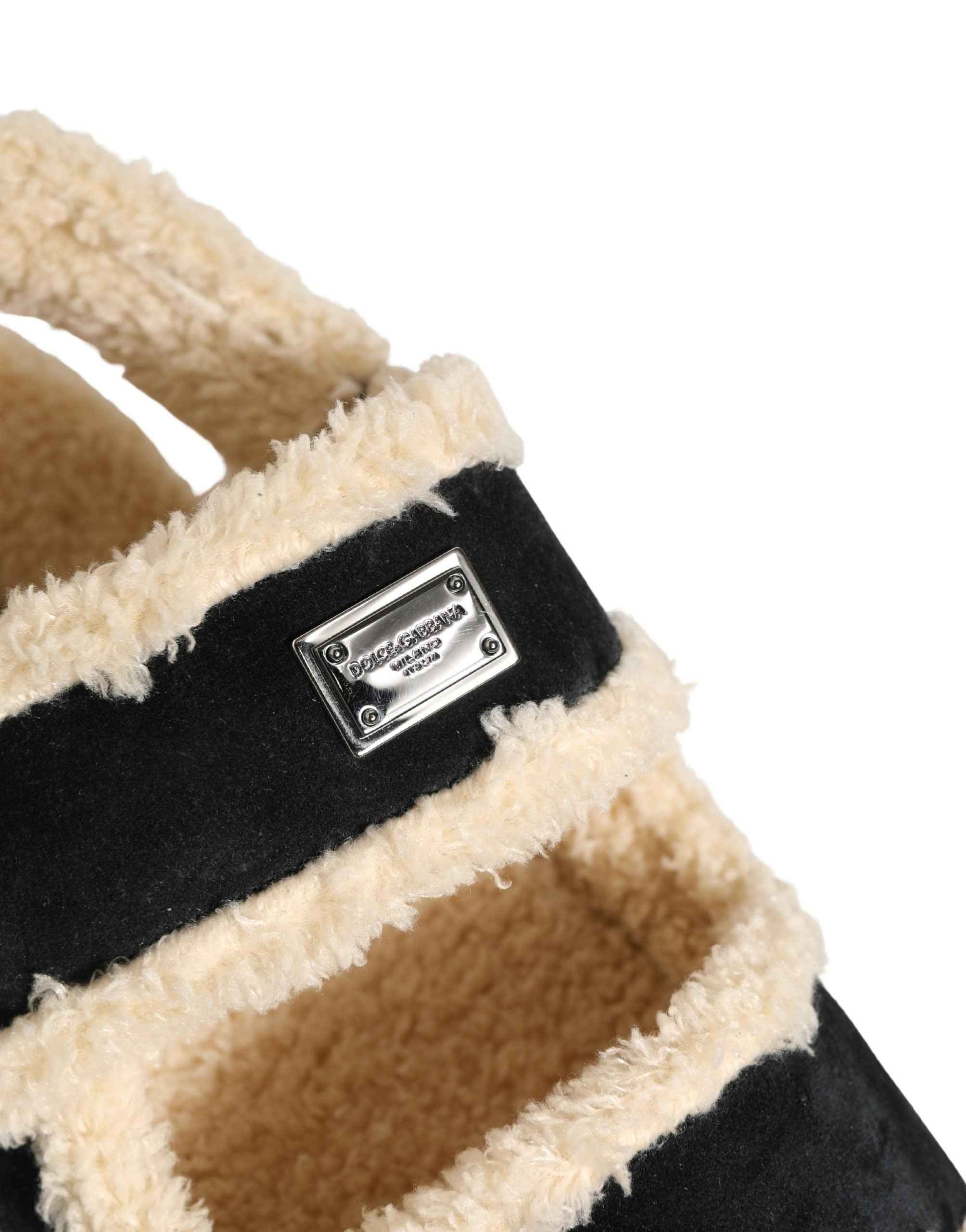 Dolce & Gabbana Beige Black Faux Fur Flats Men Sandals Shoes