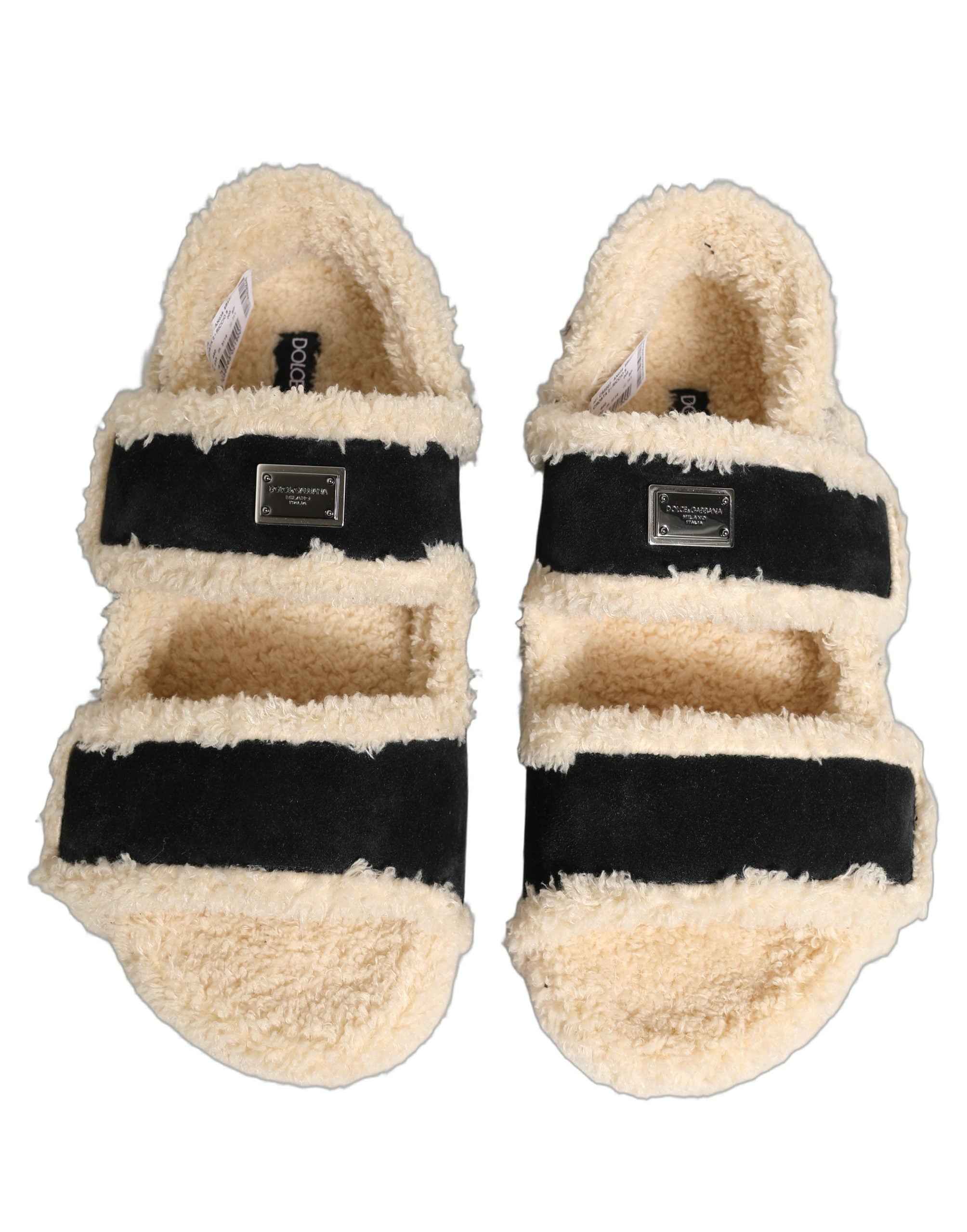 Dolce & Gabbana Beige Black Faux Fur Flats Men Sandals Shoes