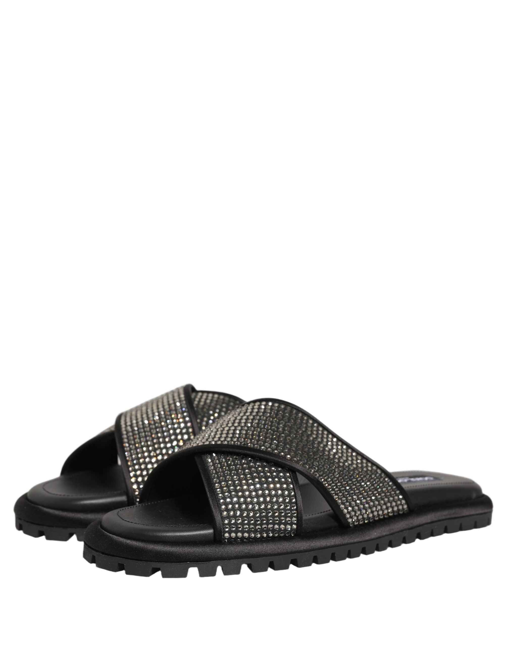 Dolce & Gabbana Black Strass Criss Cross Slide Sandals Shoes