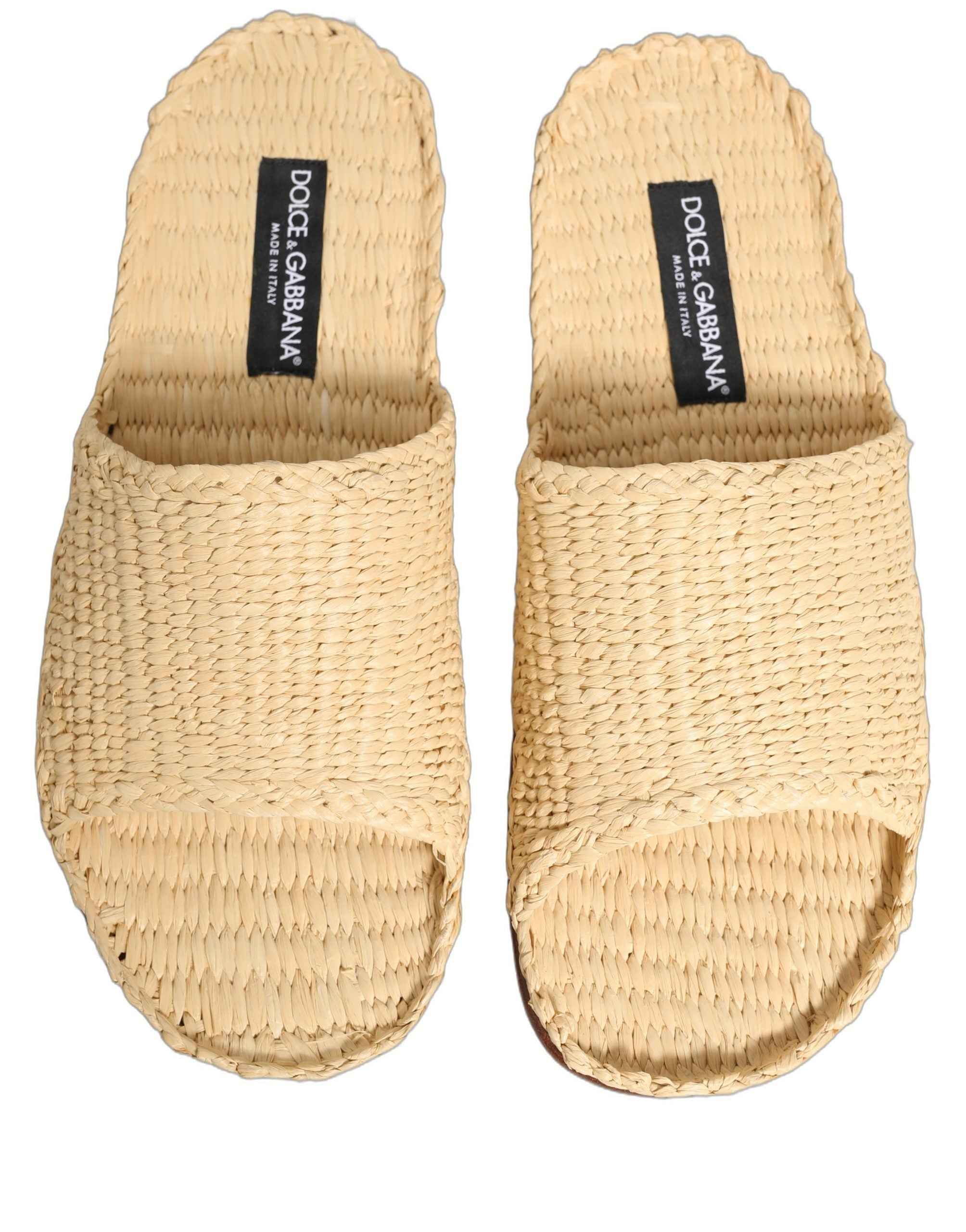 Dolce & Gabbana Beige Straw Raffia Slides Sandals Flats Shoes