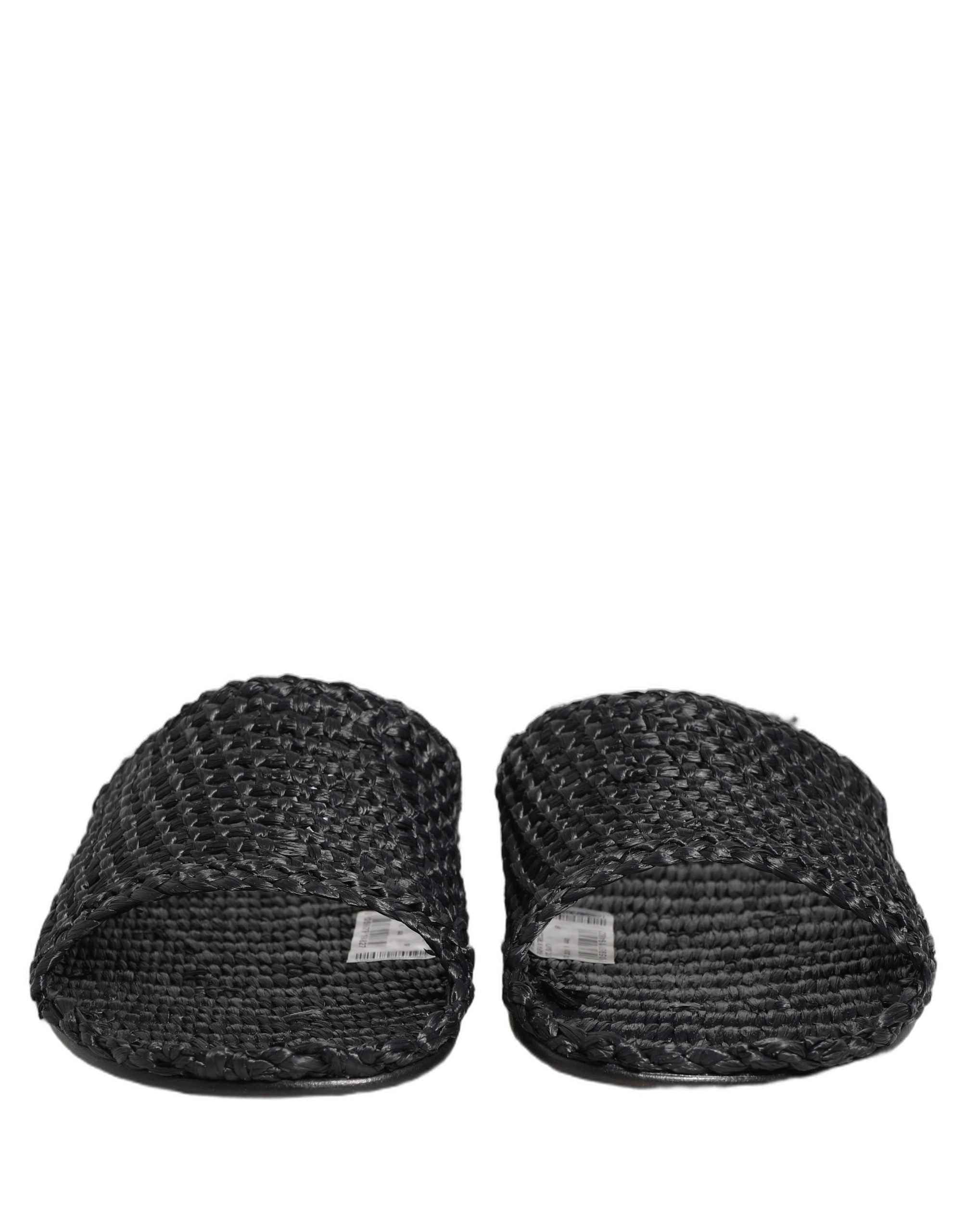 Dolce & Gabbana Black Straw Raffia Slides Sandals Flats Shoes