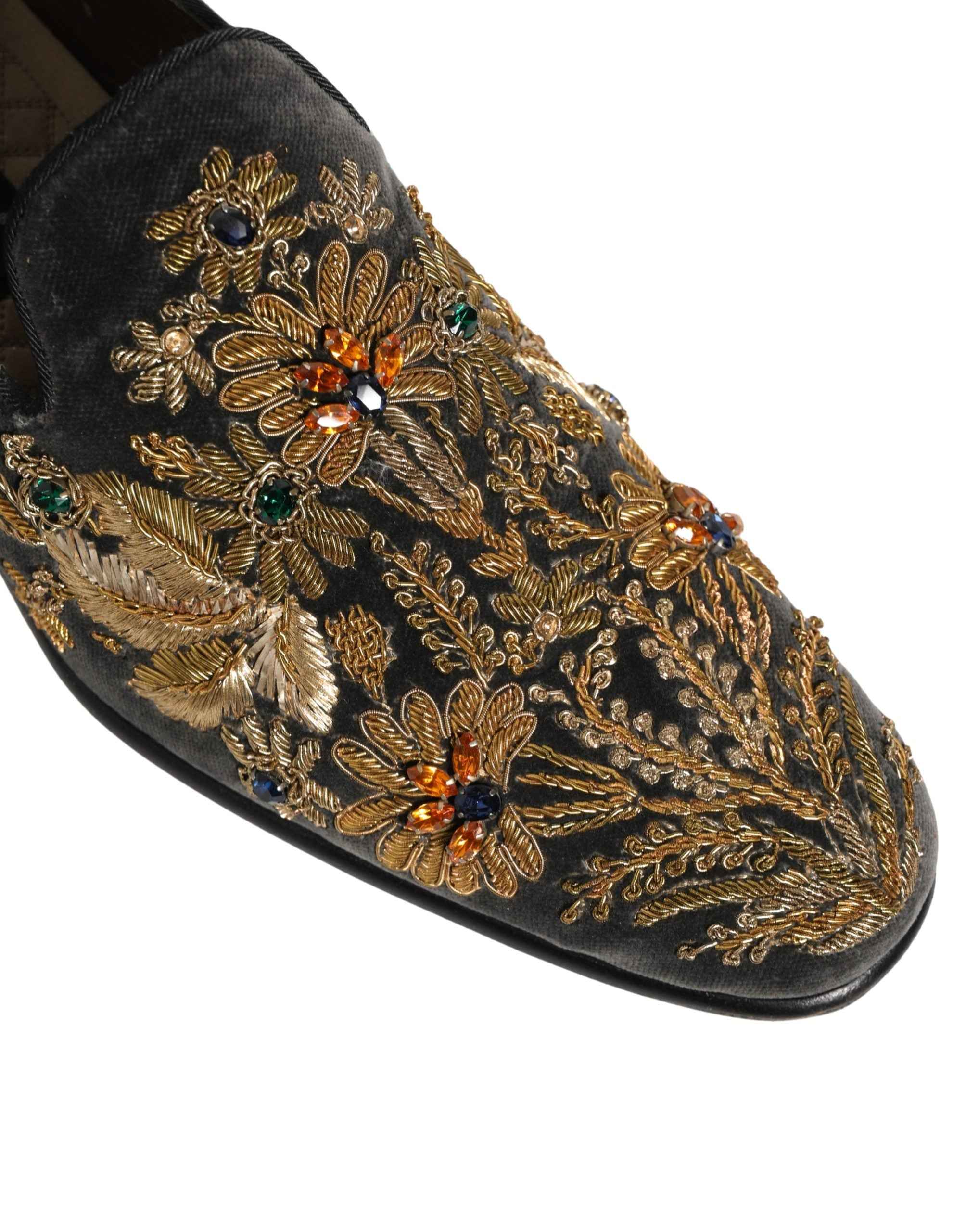 Dolce & Gabbana Black Velvet Embellished Dress Loafers Shoes