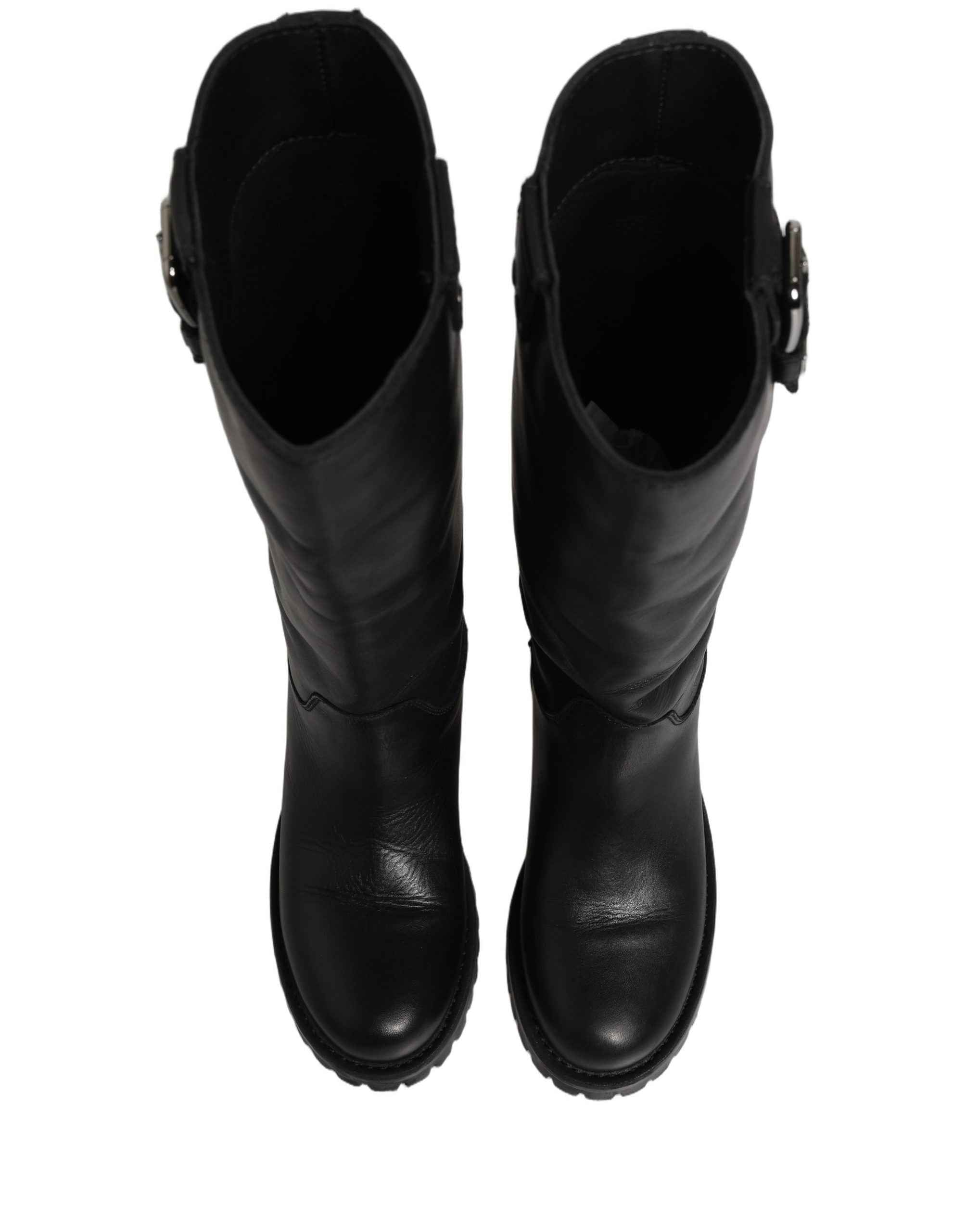 Dolce & Gabbana Black Leather Buckle Detail Mid Calf Boots Shoes
