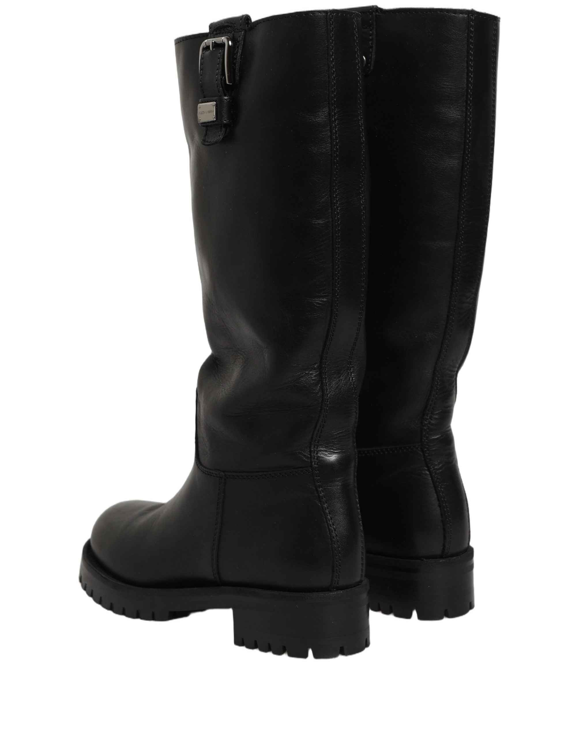 Dolce & Gabbana Black Leather Buckle Detail Mid Calf Boots Shoes