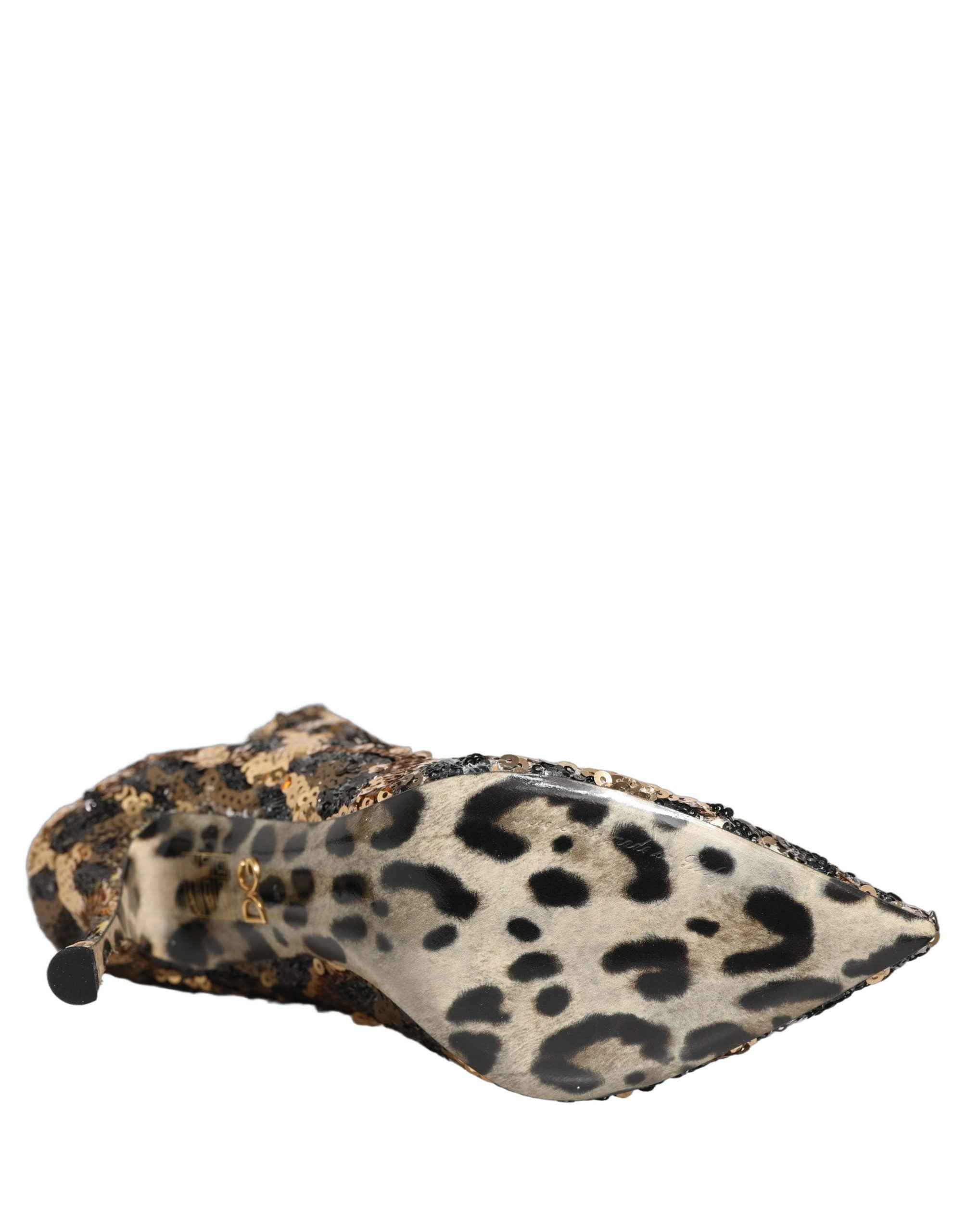 Dolce & Gabbana Gold Leopard Sequin Sock Ankle Boots Shoes