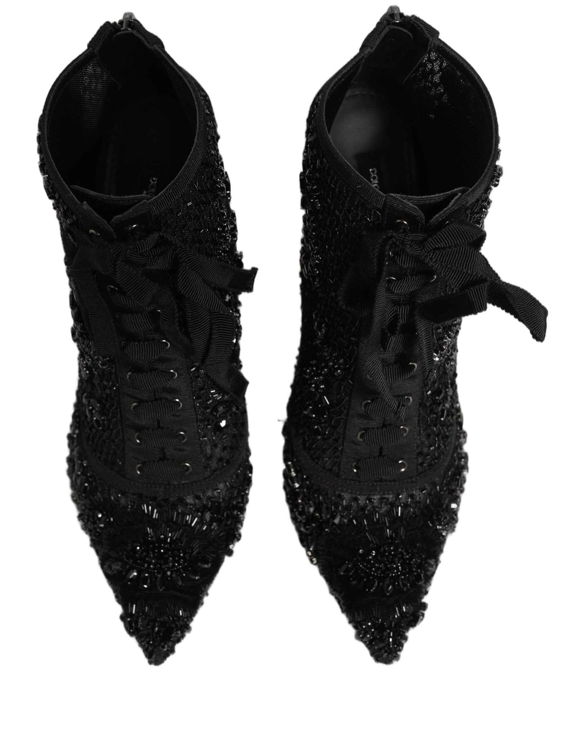 Dolce & Gabbana Black Embellished Mesh Ankle Boots Shoes