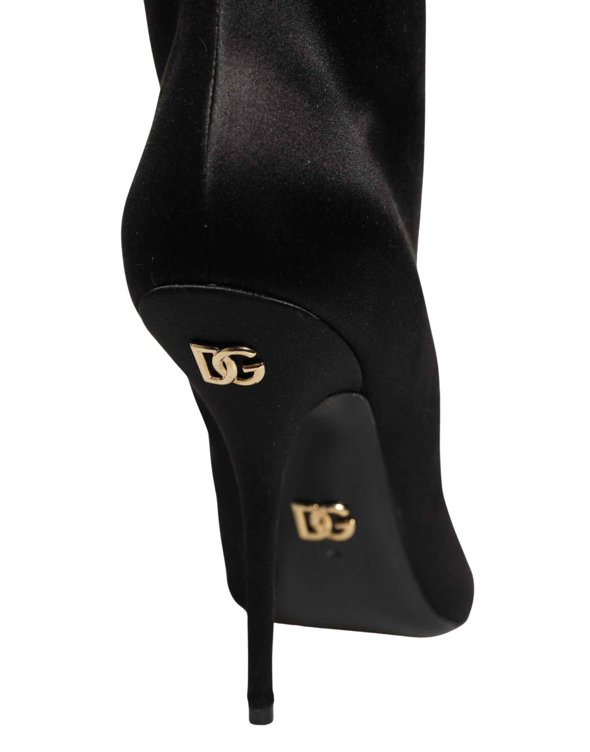 Dolce & Gabbana Black Satin Knee High Stiletto Boots Shoes