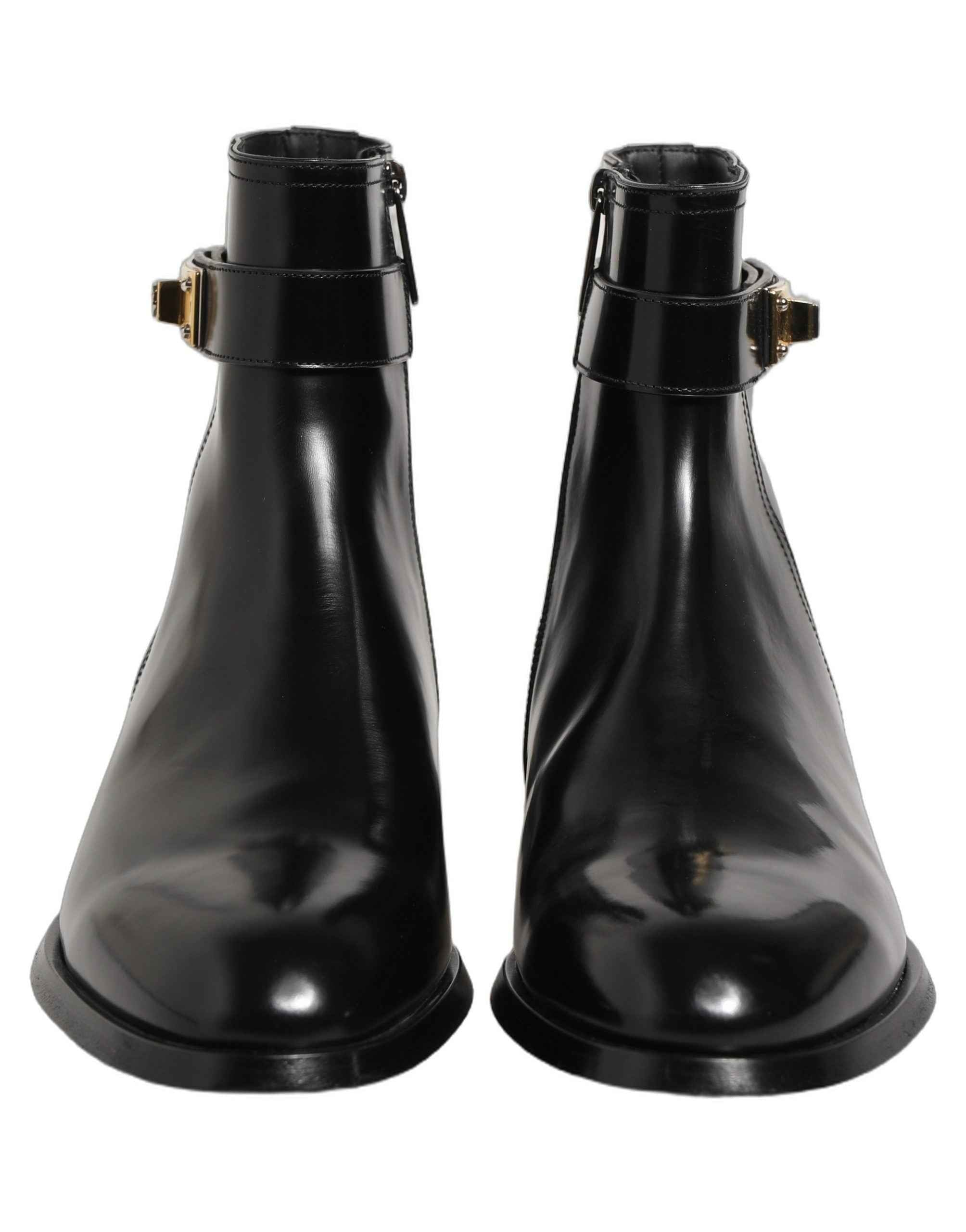 Dolce & Gabbana Black Leather Logo Buckle Mid Calf Boots Shoes