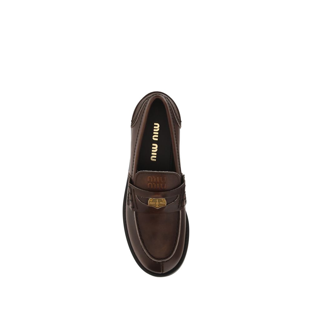 Miu Miu Brown Calf Leather Bos Taurus Slip-On Loafers