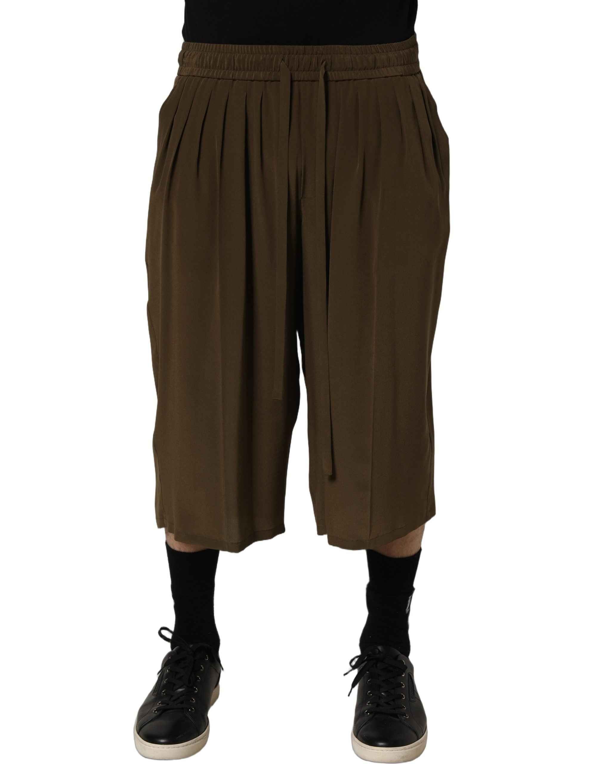 Dolce & Gabbana Brown Silk Mid Waist Pleated Bermuda Shorts