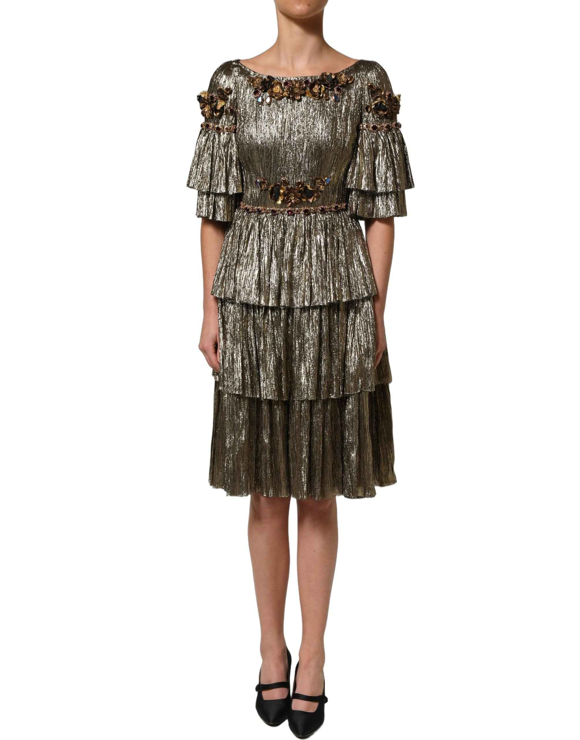 Dolce & Gabbana Metallic Gold Embellished Tiered Midi Dress