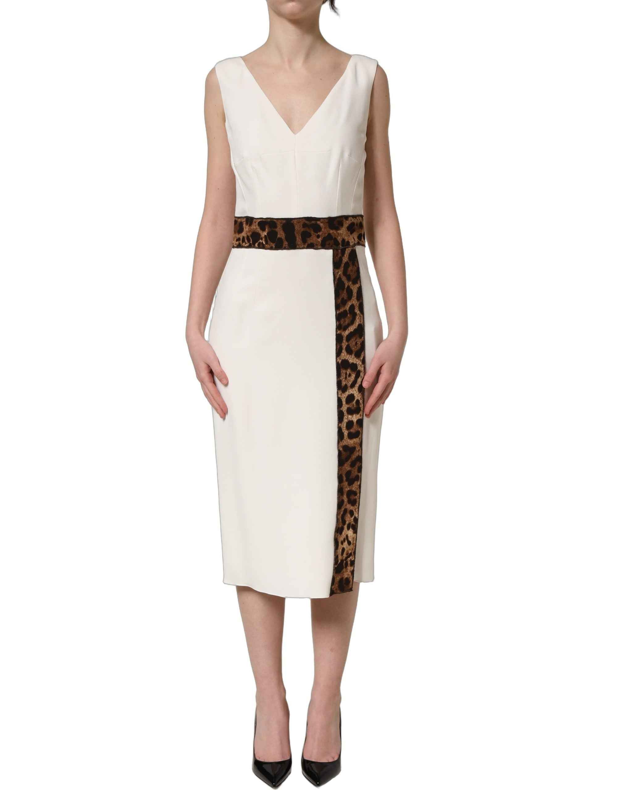 Dolce & Gabbana White Leopard Sleeveless Sheath Midi Dress