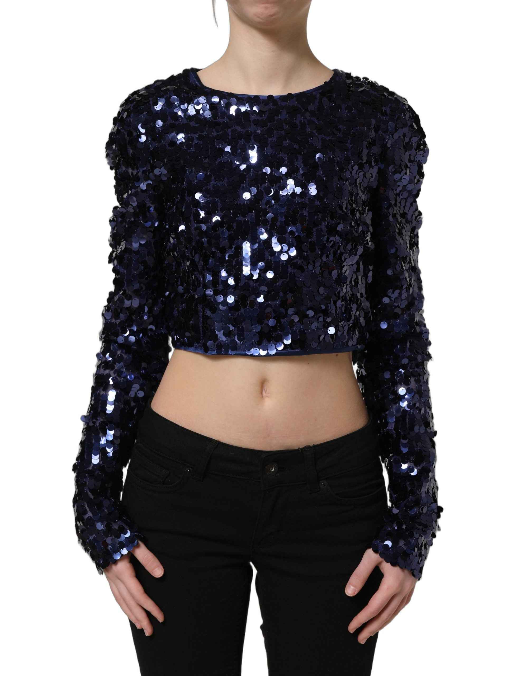 Dolce & Gabbana Blue Sequined Long Sleeves Crop Blouse Top