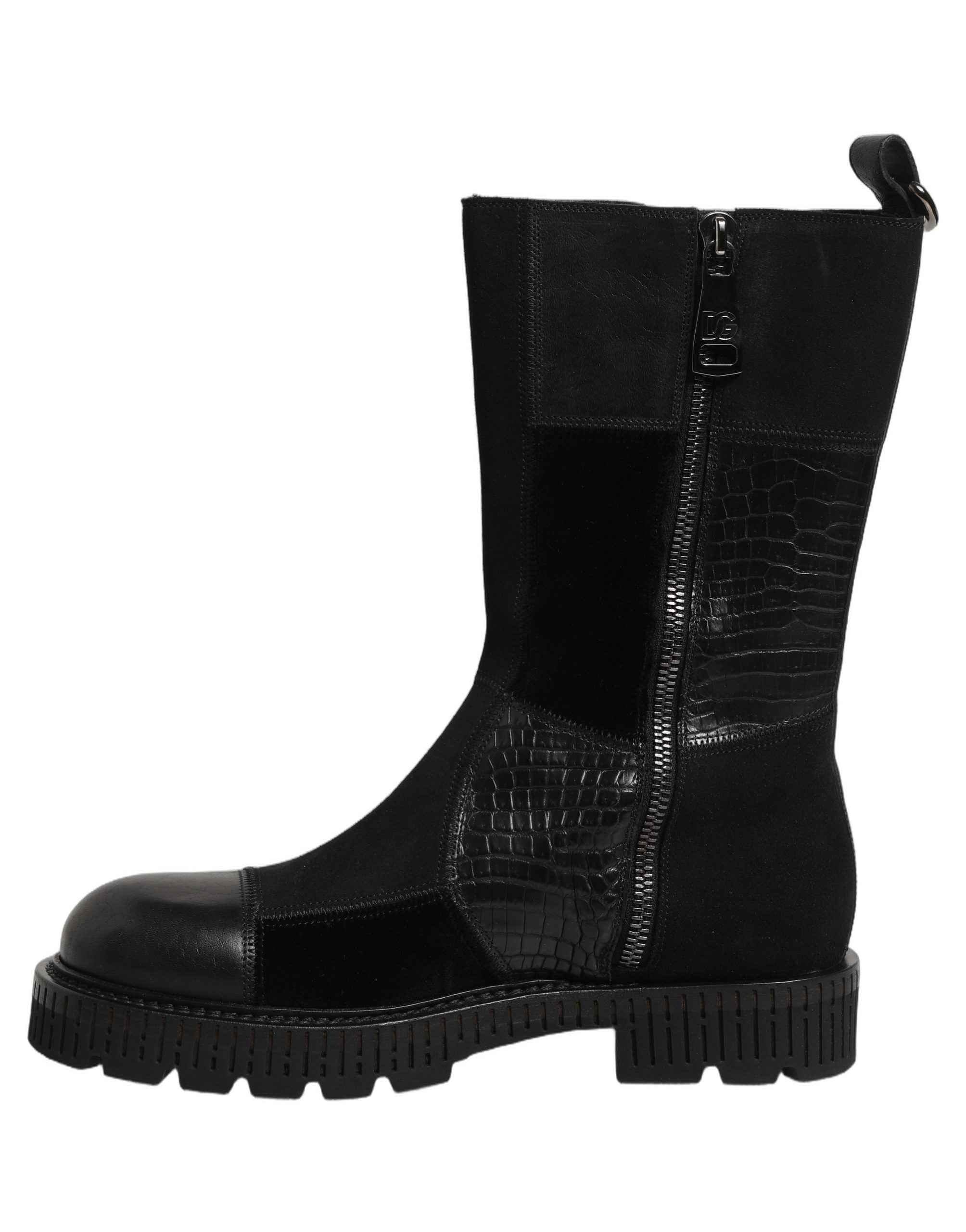 Dolce & Gabbana Black Patchwork Leather Mid Calf Boots Shoes