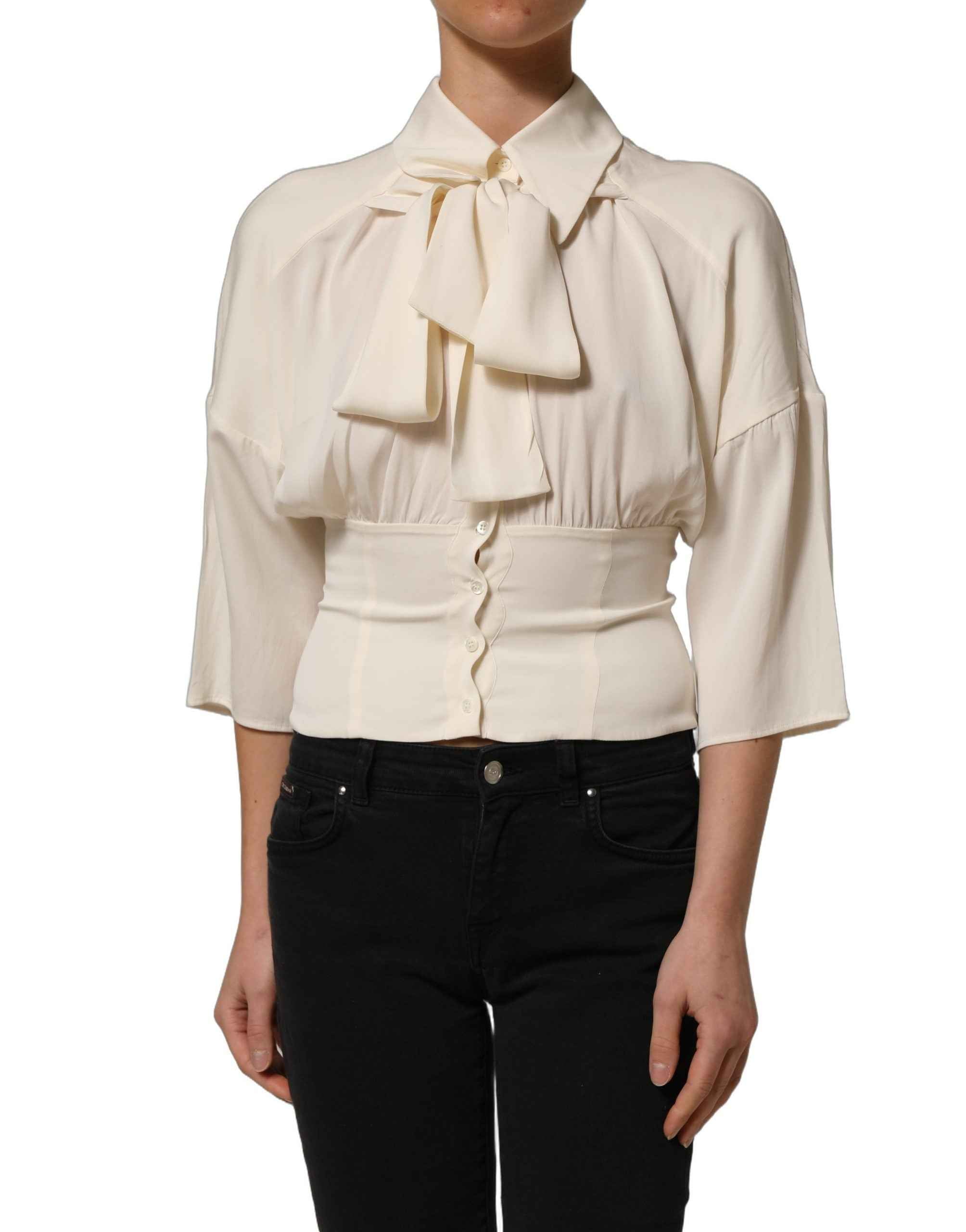 Dolce & Gabbana Off White Ascot Collar Long Sleeves Blouse Top